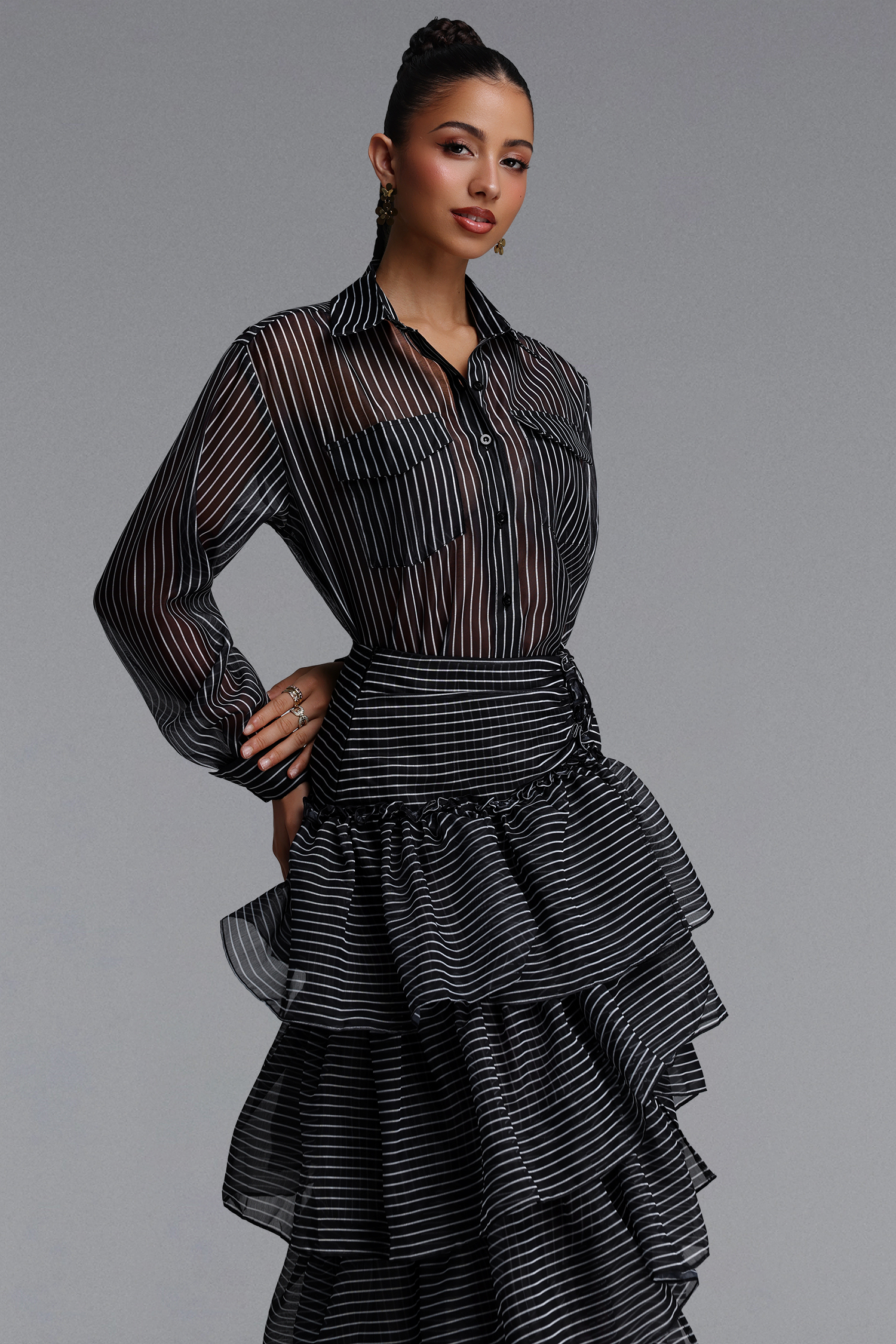 Glenda Chic Tailored Long Sleeve Tiered Ruffle Striped Woven Top and Skirt Two Piece Set