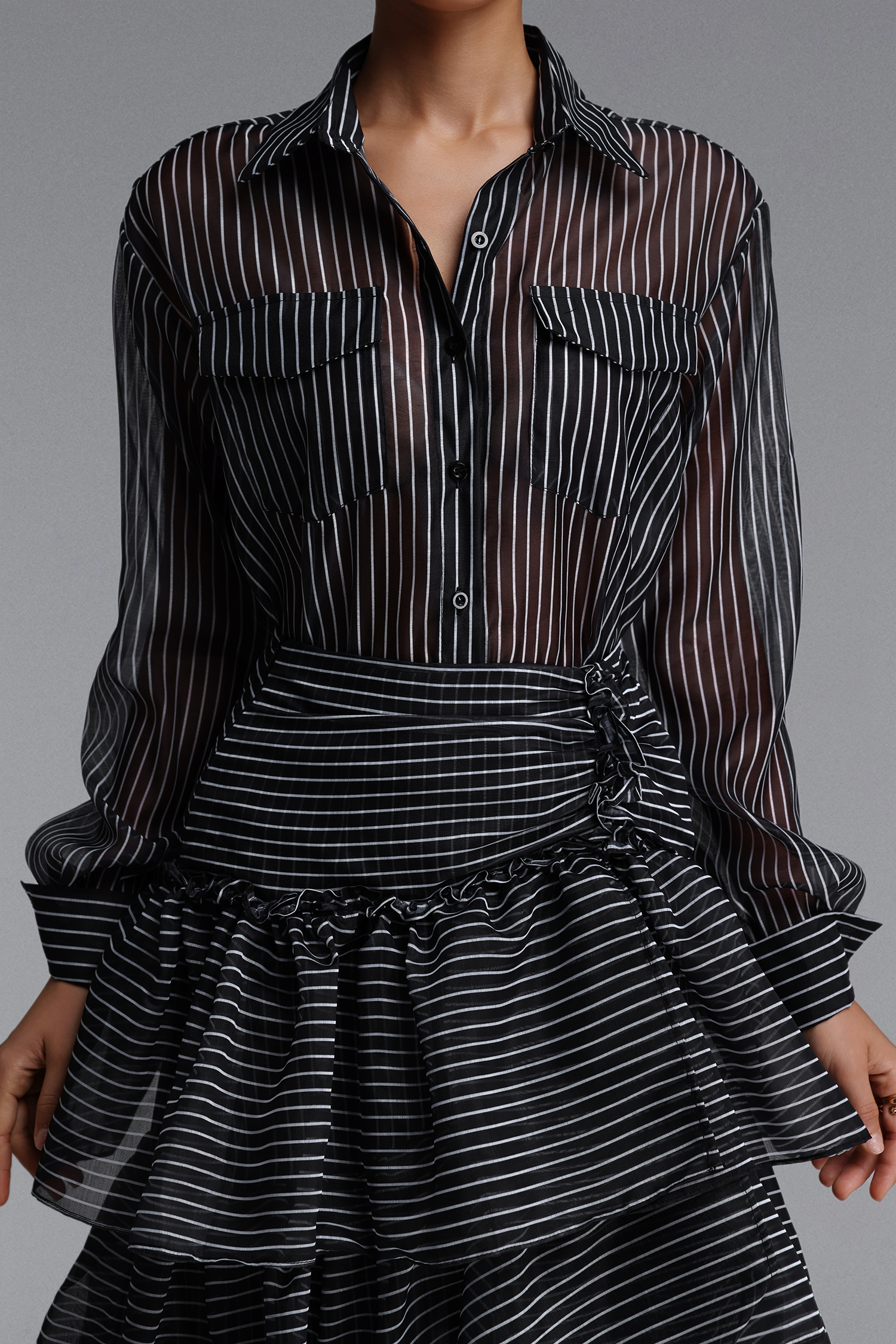Glenda Chic Tailored Long Sleeve Tiered Ruffle Striped Woven Top and Skirt Two Piece Set
