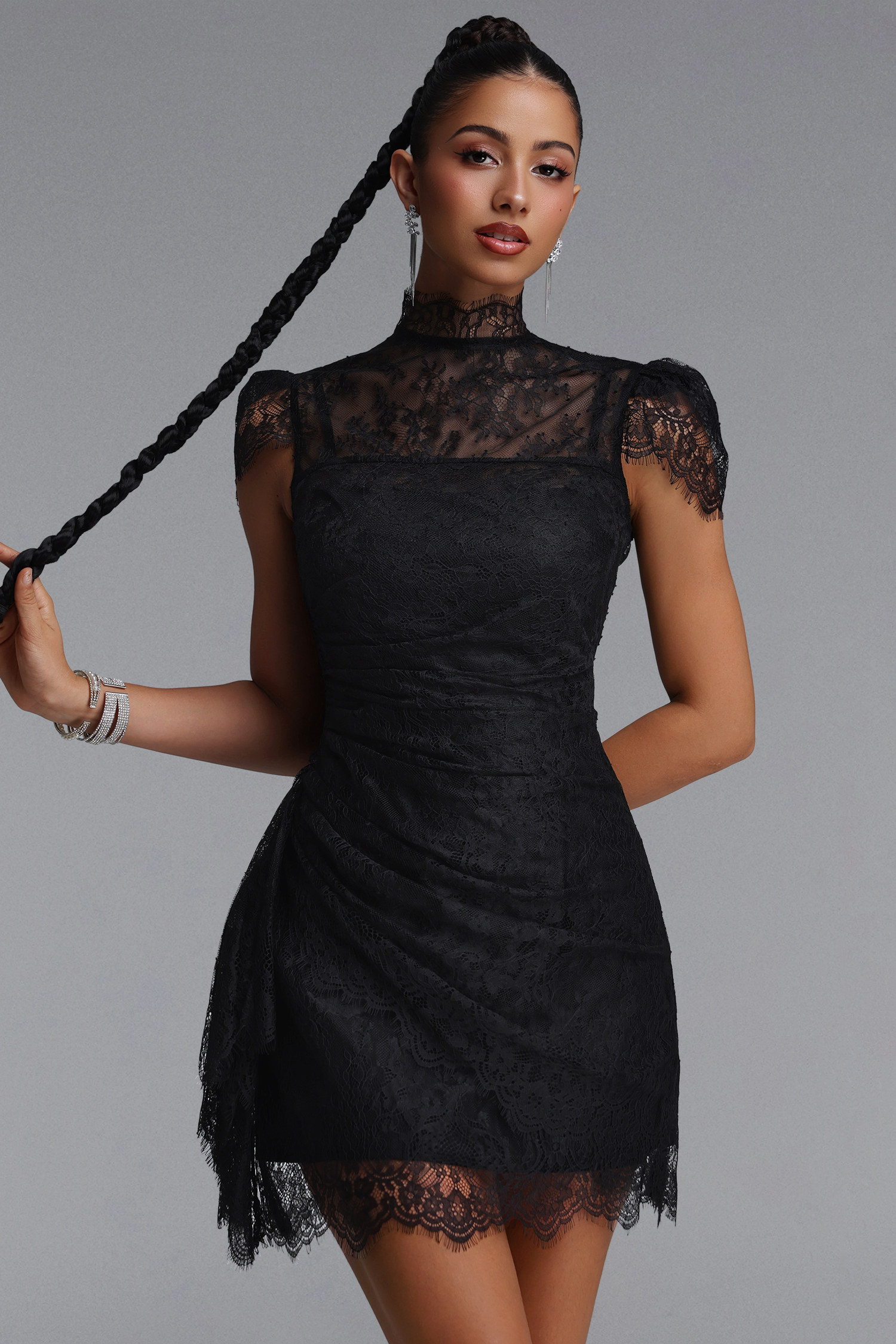 Noor Vintage Cinched Short Sleeve Floral Lace Mini Dress