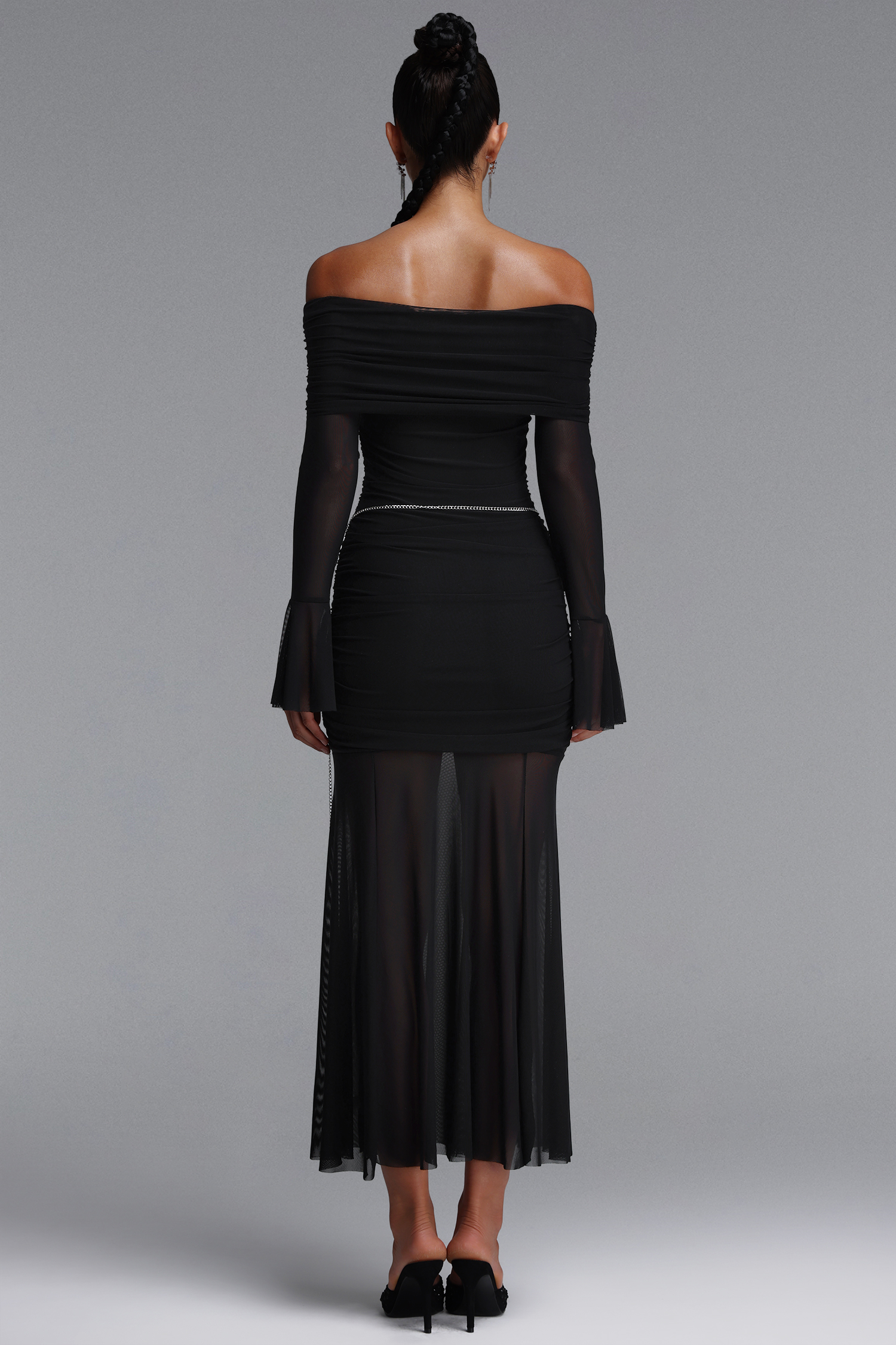 Elaia Sexy Contour Off Shoulder Long Sleeve With Waist Chain Mesh Maxi Dress