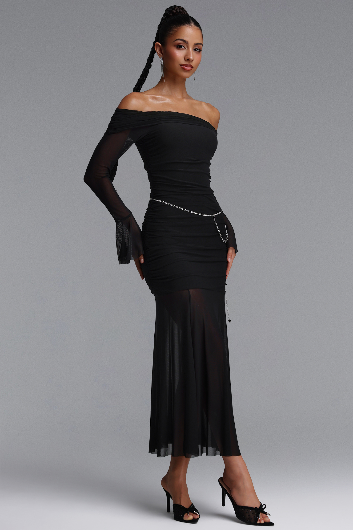 Elaia Sexy Contour Off Shoulder Long Sleeve With Waist Chain Mesh Maxi Dress