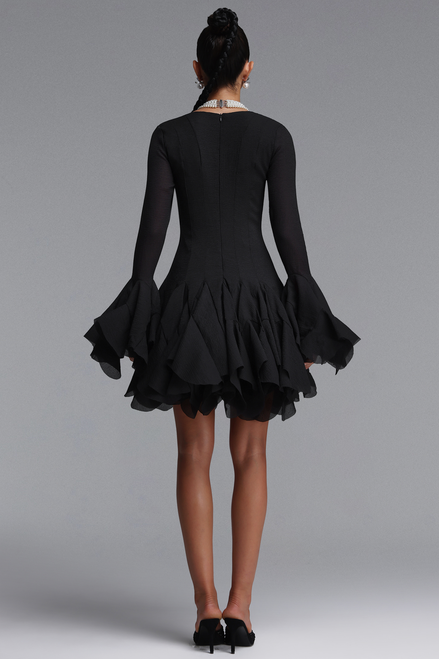Uhren Vintage Flowy Long Sleeve Ruffle Chiffon Mini Dress