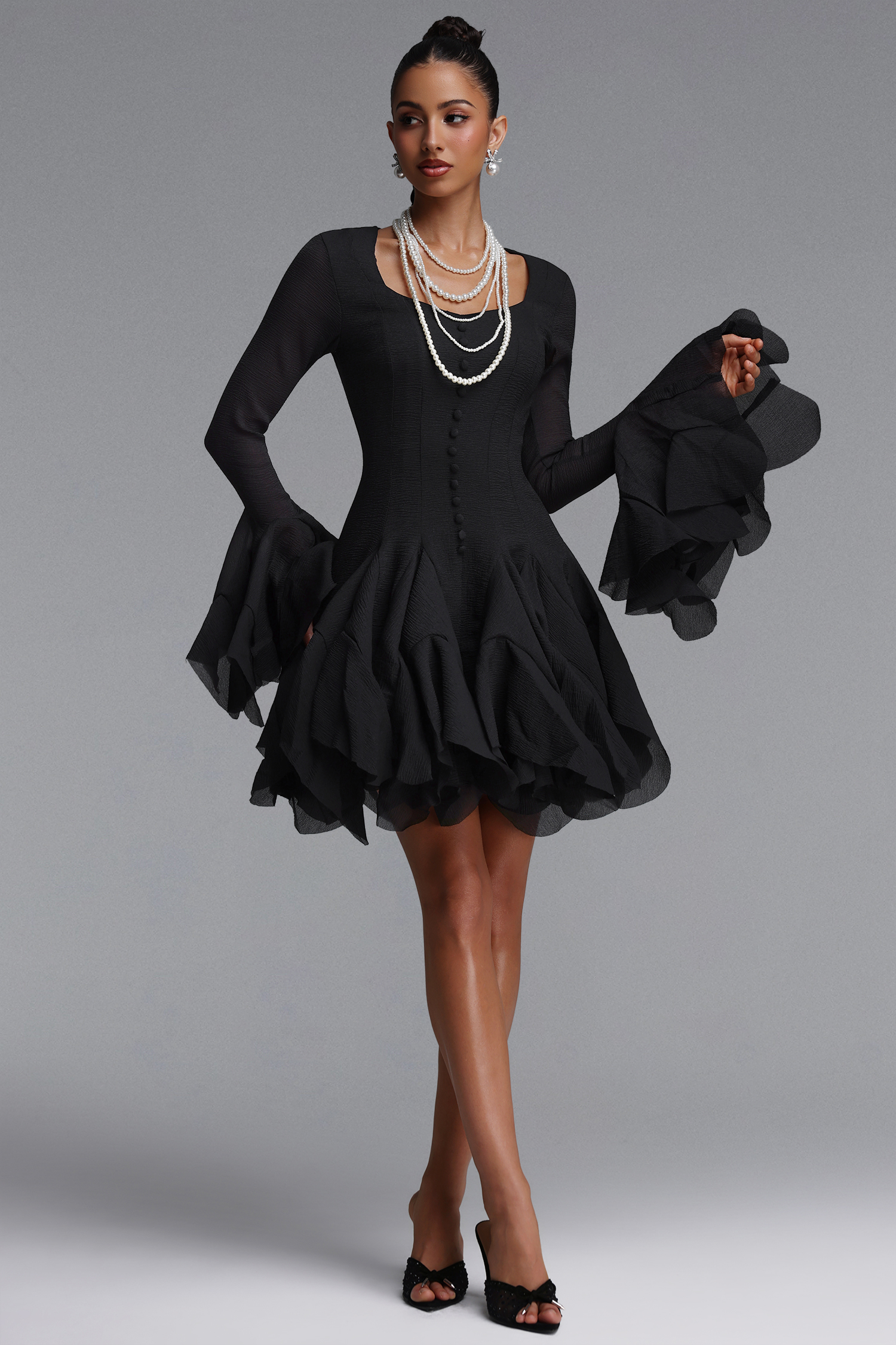 Uhren Vintage Flowy Long Sleeve Ruffle Chiffon Mini Dress