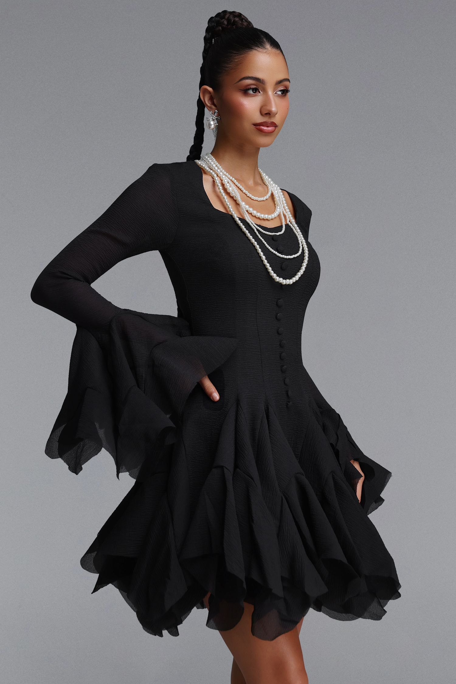 Uhren Vintage Flowy Long Sleeve Ruffle Chiffon Mini Dress