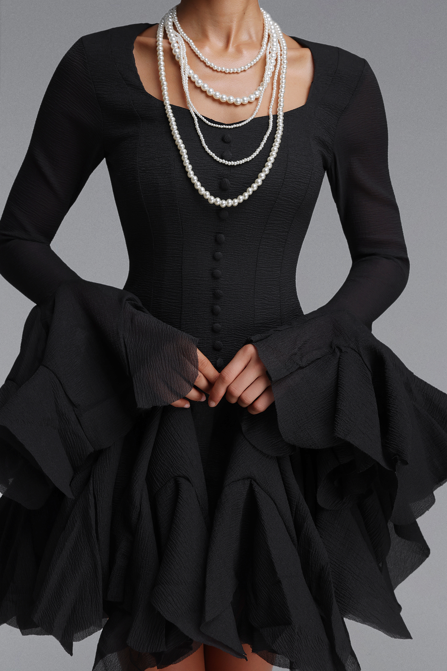 Uhren Vintage Flowy Long Sleeve Ruffle Chiffon Mini Dress