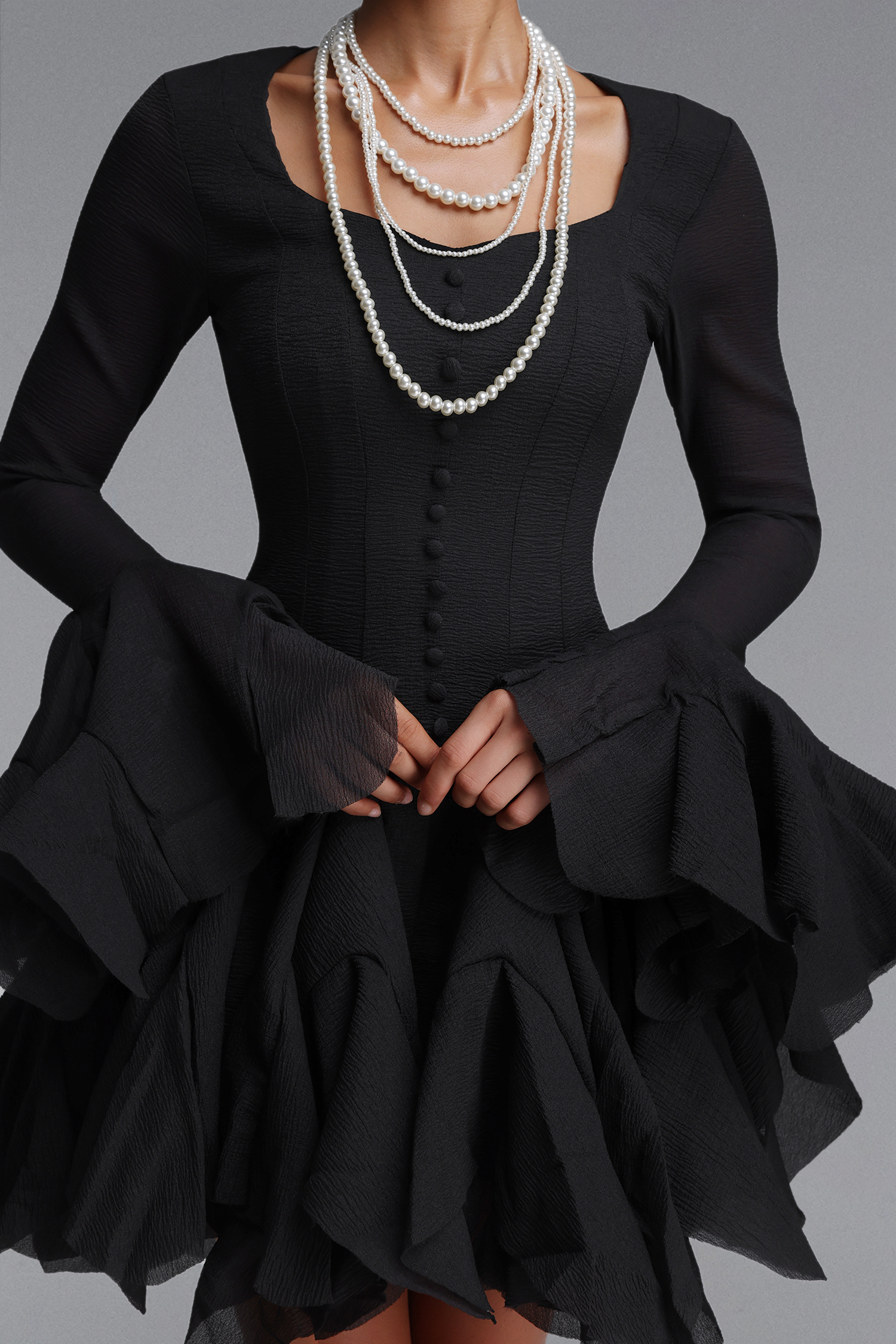 Uhren Vintage Flowy Long Sleeve Ruffle Chiffon Mini Dress