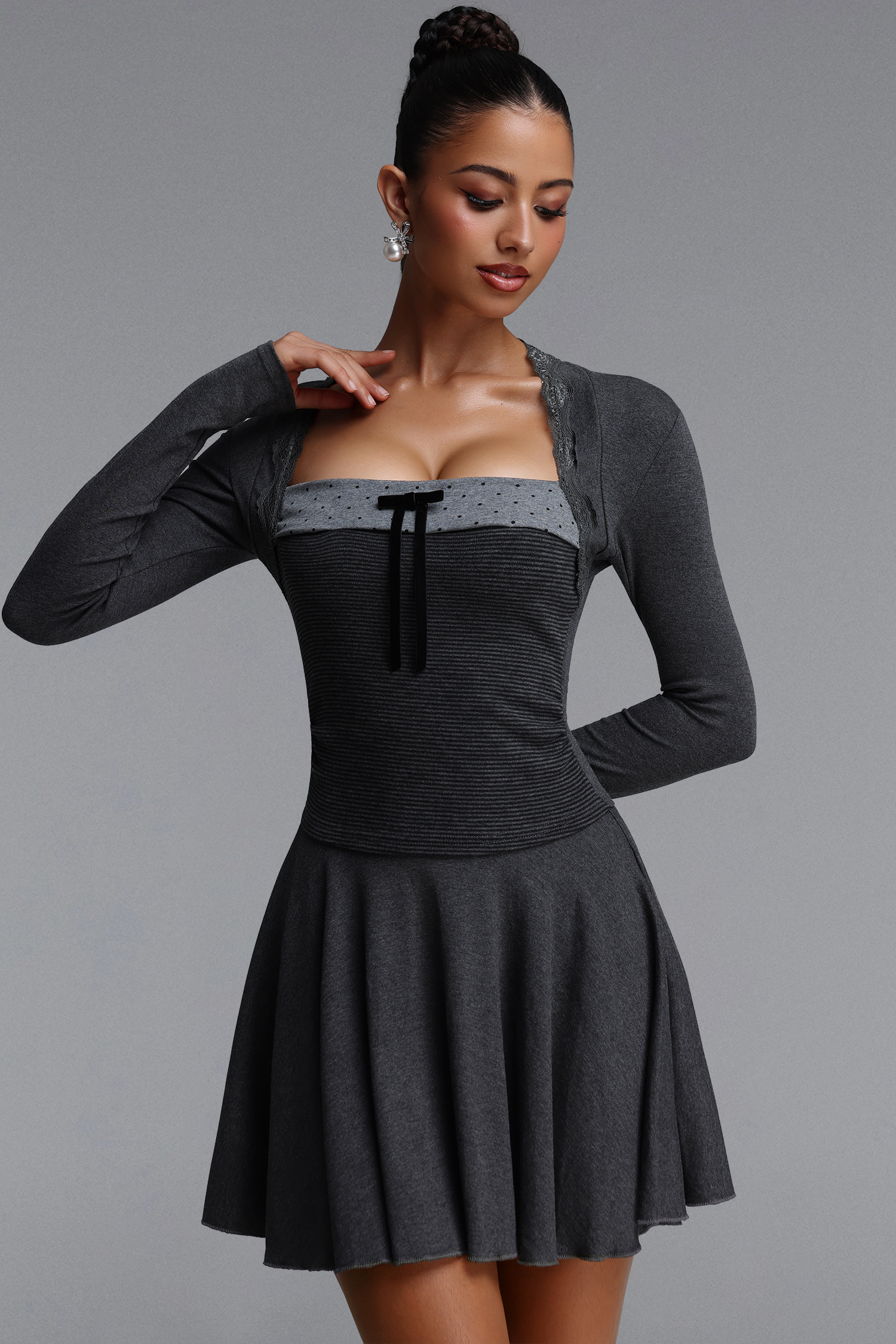 Gloria Chic Contour Long Sleeve Bow Striped Knit Mini Dress