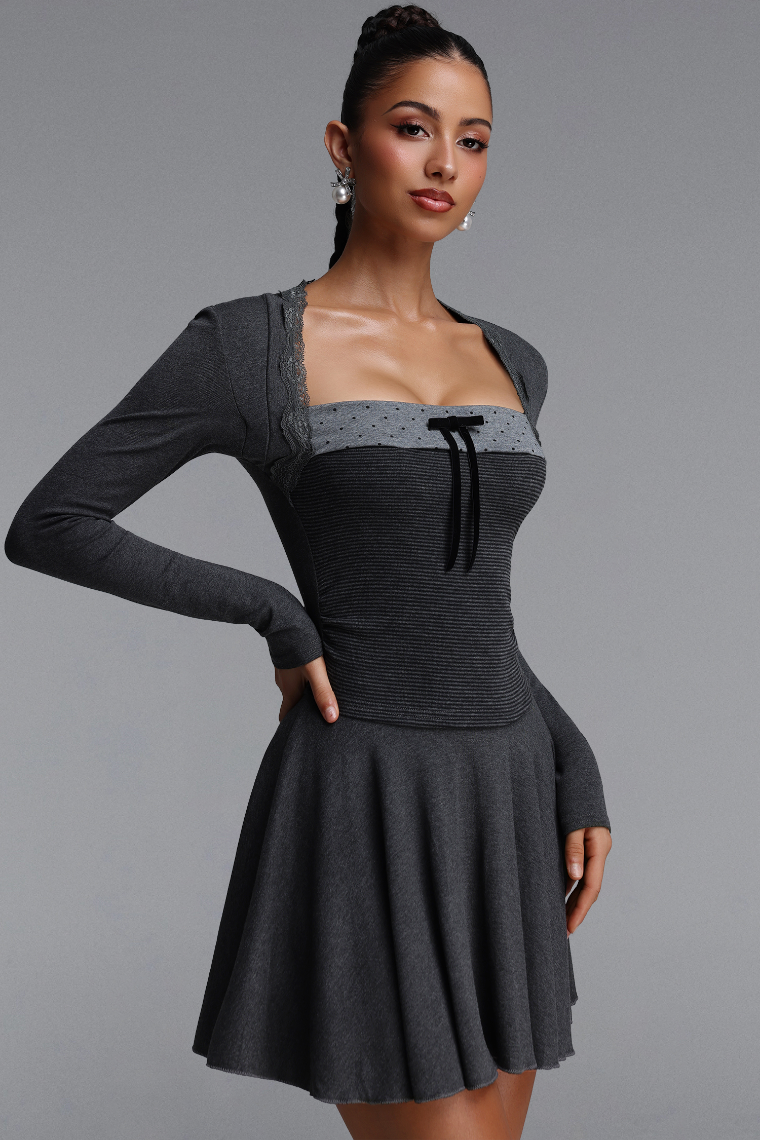 Gloria Chic Contour Long Sleeve Bow Striped Knit Mini Dress