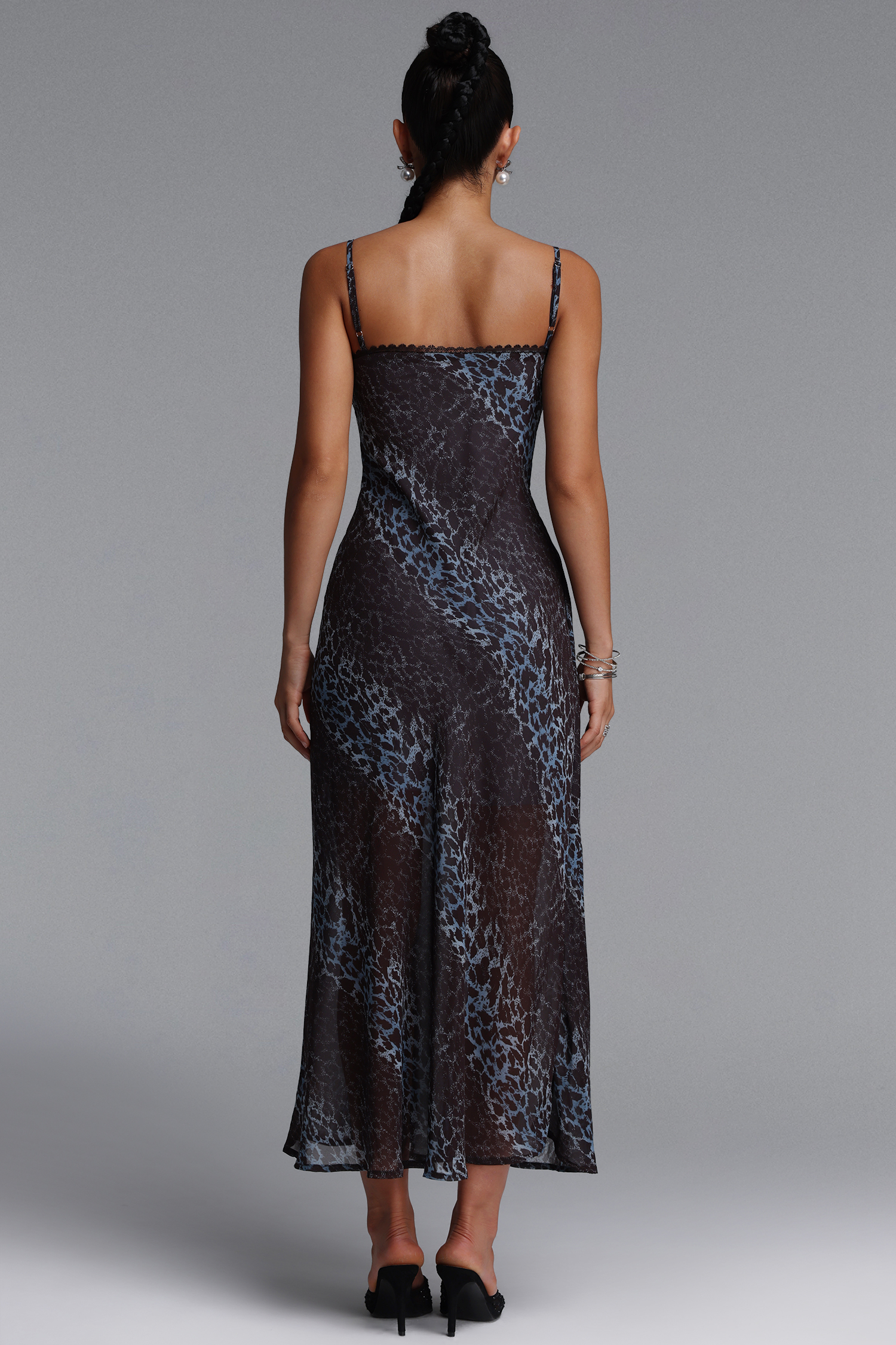 Gabriella Romantic Contour Spaghetti Strap Print Woven Maxi Dress