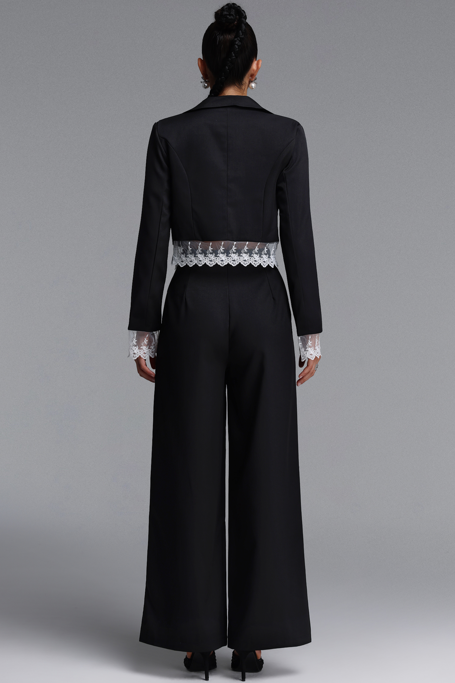 Jenna Chic Tailored Long Sleeve Lace Trimmed Woven Blazer Top And Pants Two Piece Set