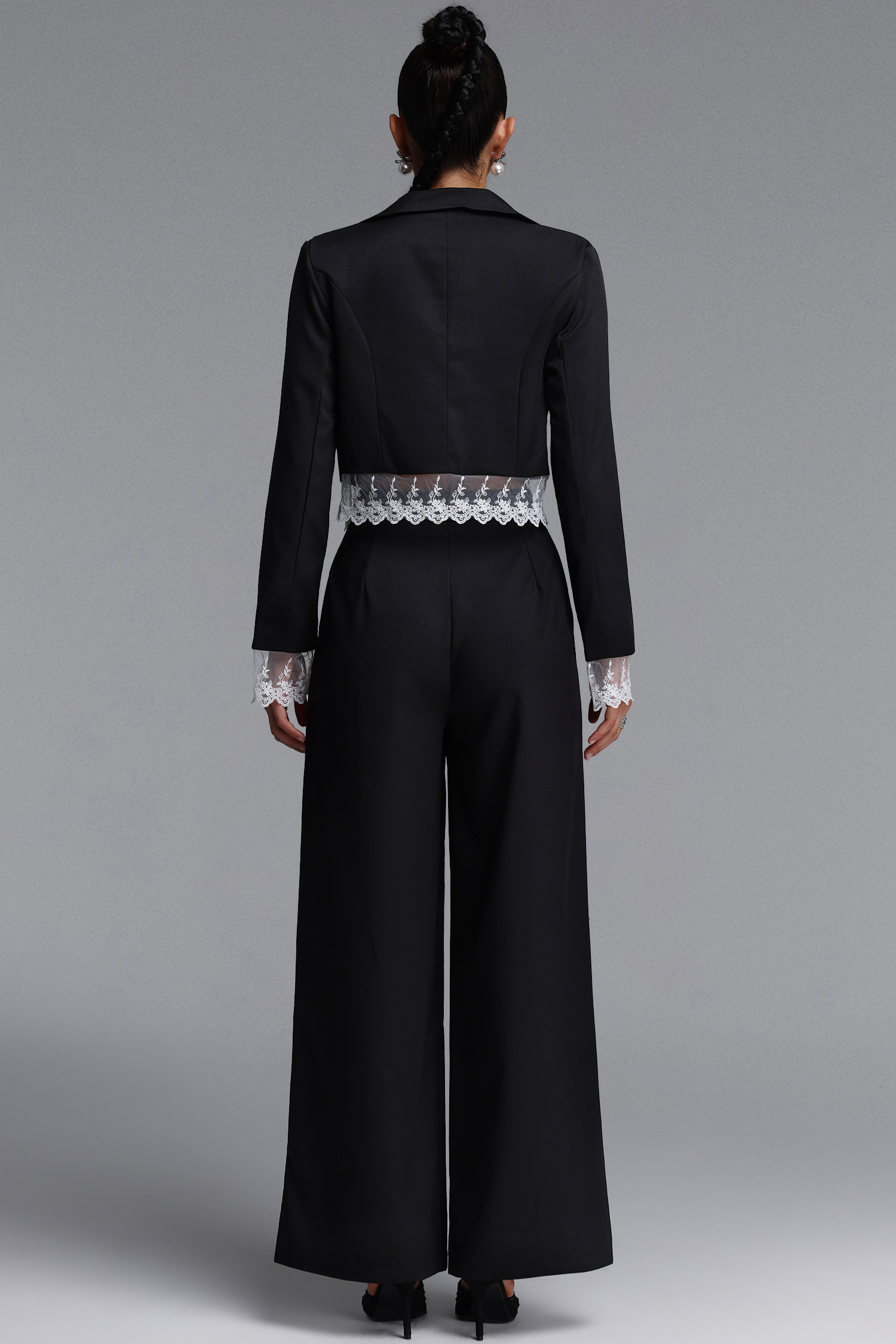 Jenna Chic Tailored Long Sleeve Lace Trimmed Woven Blazer Top And Pants Two Piece Set