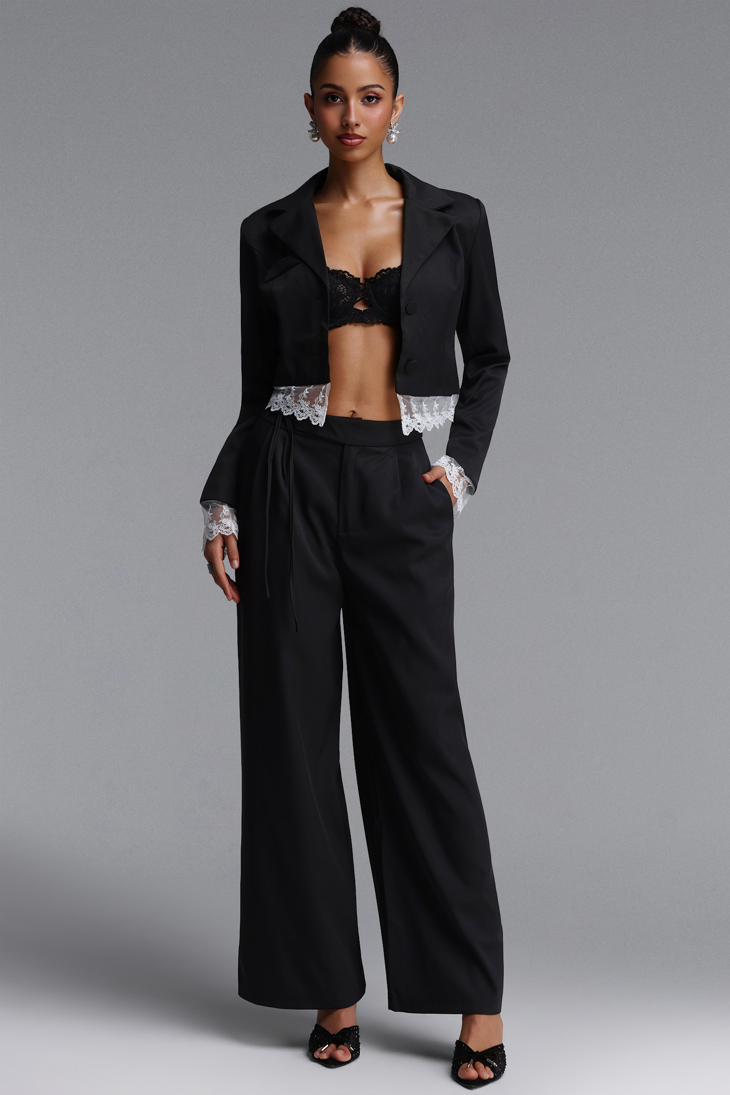 Jenna Chic Tailored Long Sleeve Lace Trimmed Woven Blazer Top And Pants Two Piece Set