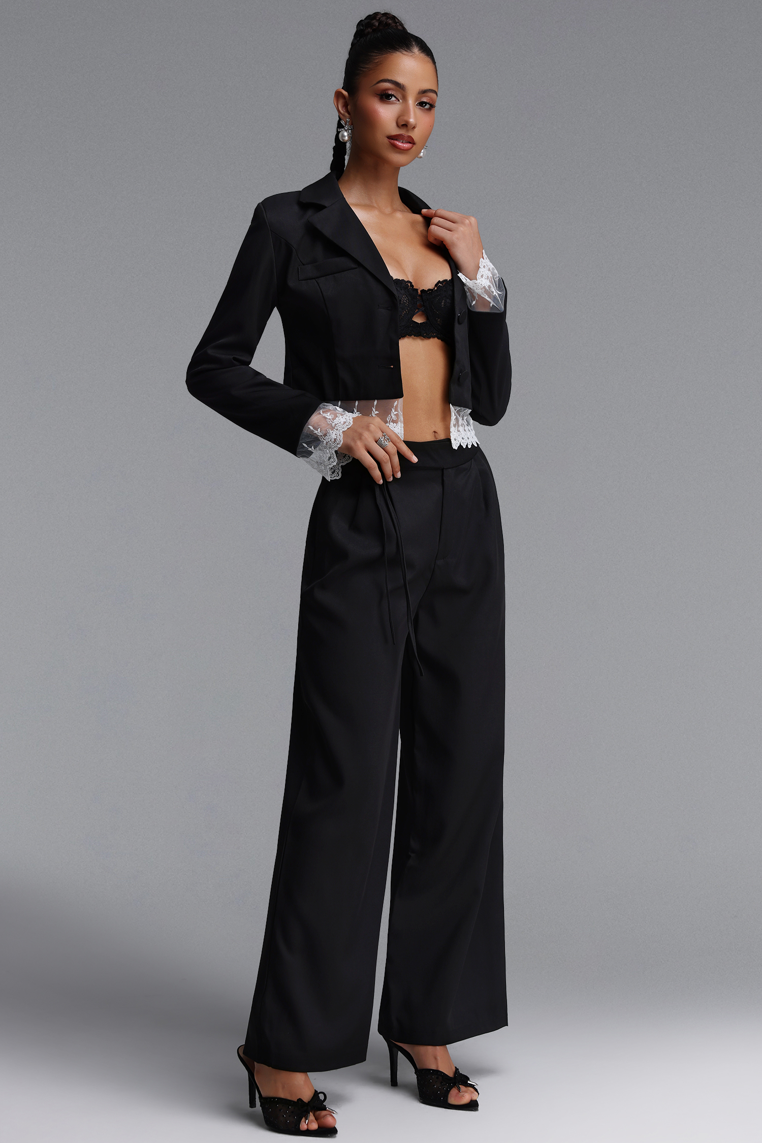 Jenna Chic Tailored Long Sleeve Lace Trimmed Woven Blazer Top And Pants Two Piece Set