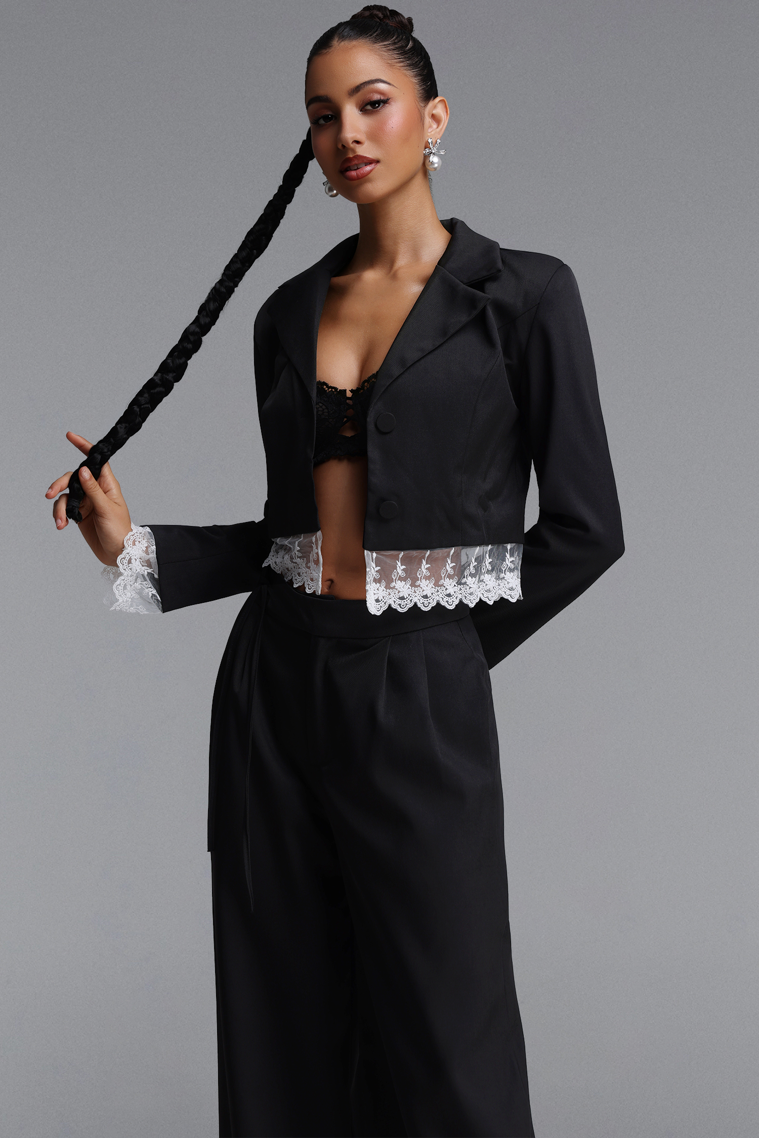 Jenna Chic Tailored Long Sleeve Lace Trimmed Woven Blazer Top And Pants Two Piece Set