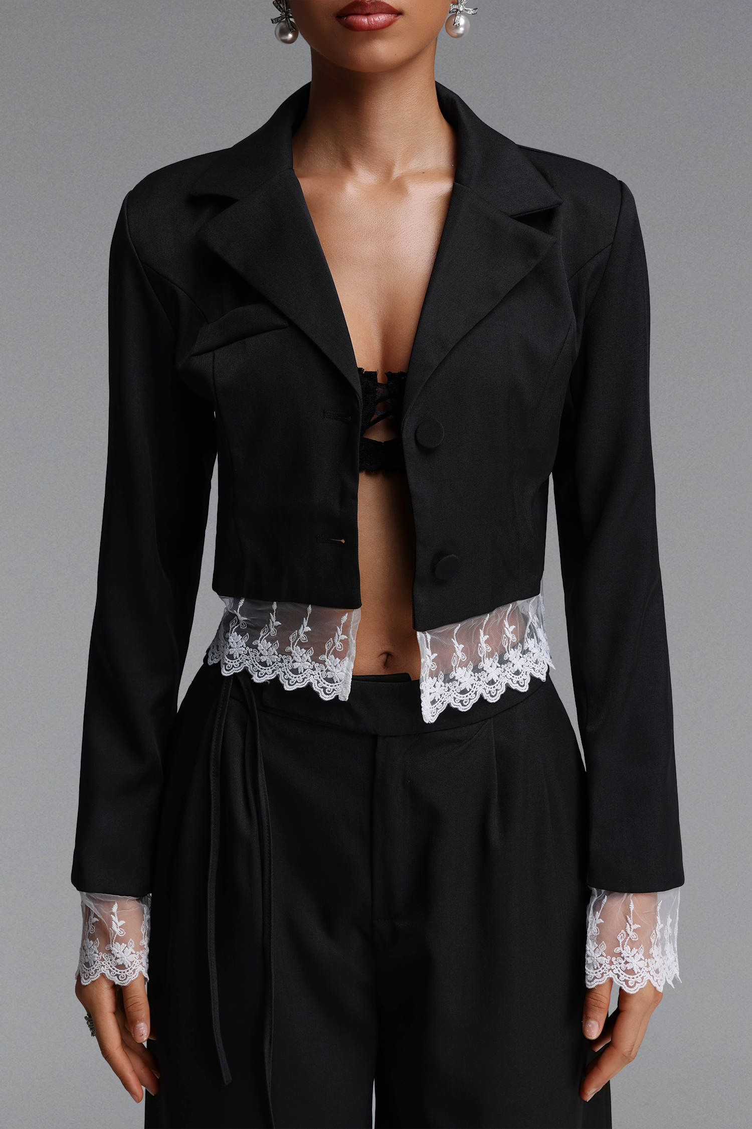 Jenna Chic Tailored Long Sleeve Lace Trimmed Woven Blazer Top And Pants Two Piece Set