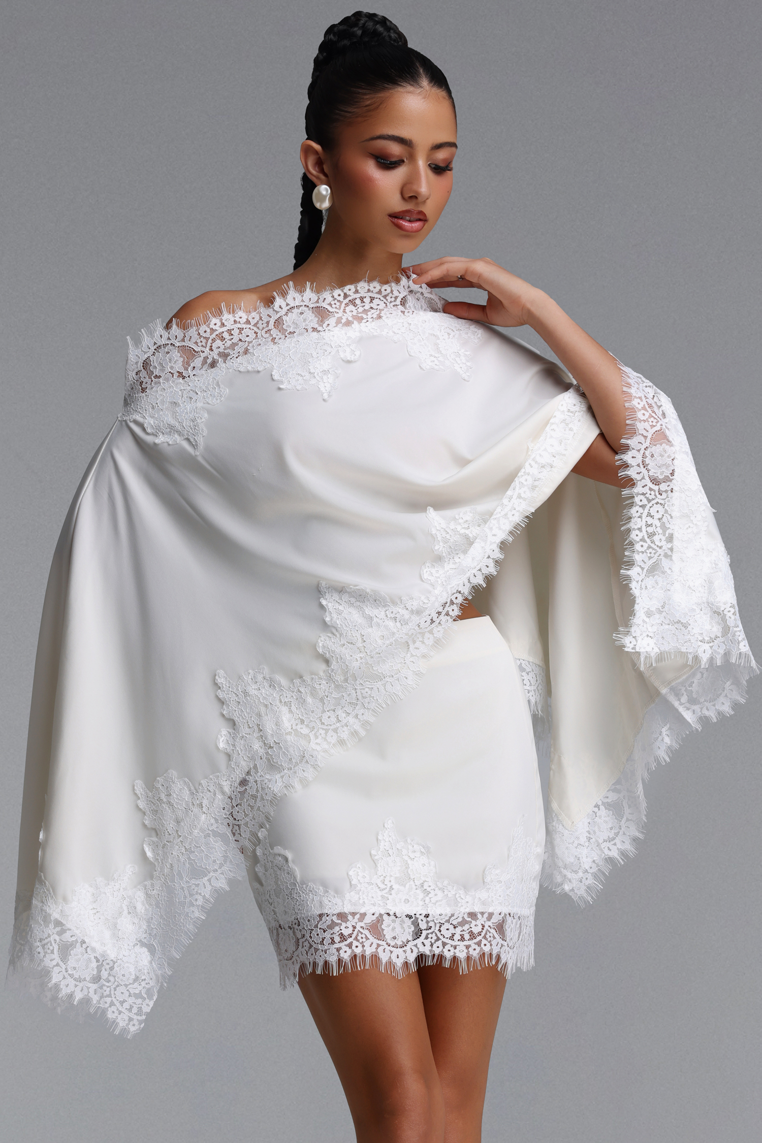Lerla Romantic Tailored Lace Trimmed Woven Top and Skirt Two Piece Set