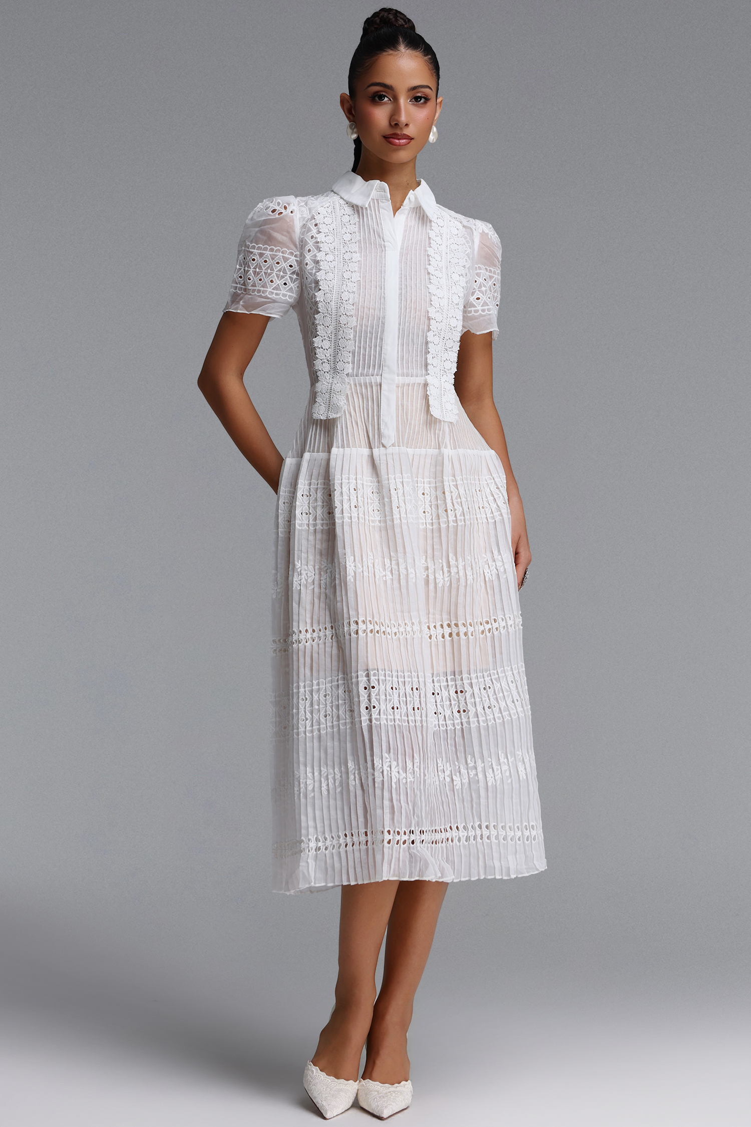 Zalia Romantic Flowy Short Sleeve Floral Ruched Woven Midi Dress