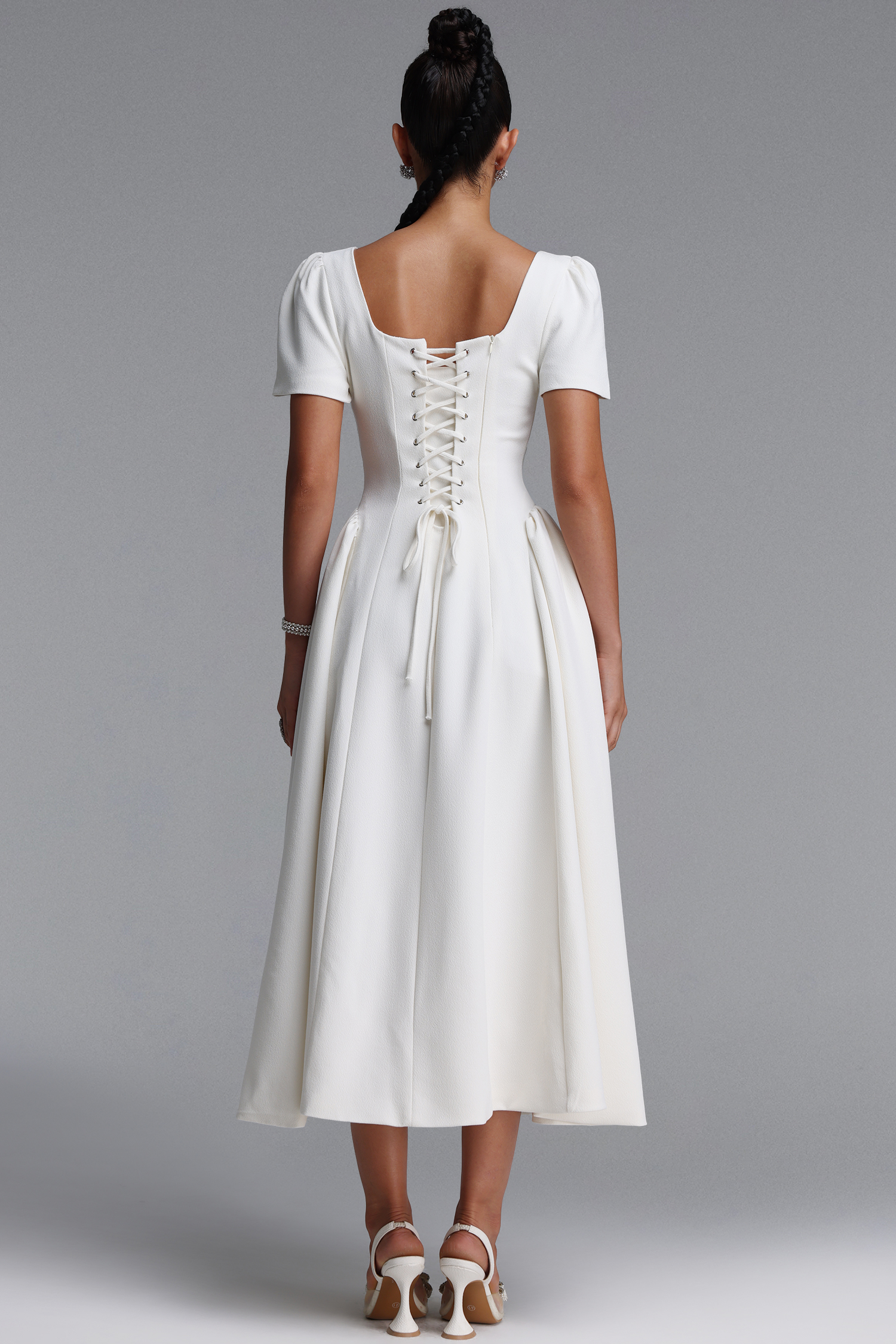 Verza Elegant Tailored Short Sleeve Rhinestone Woven White Maxi Dress
