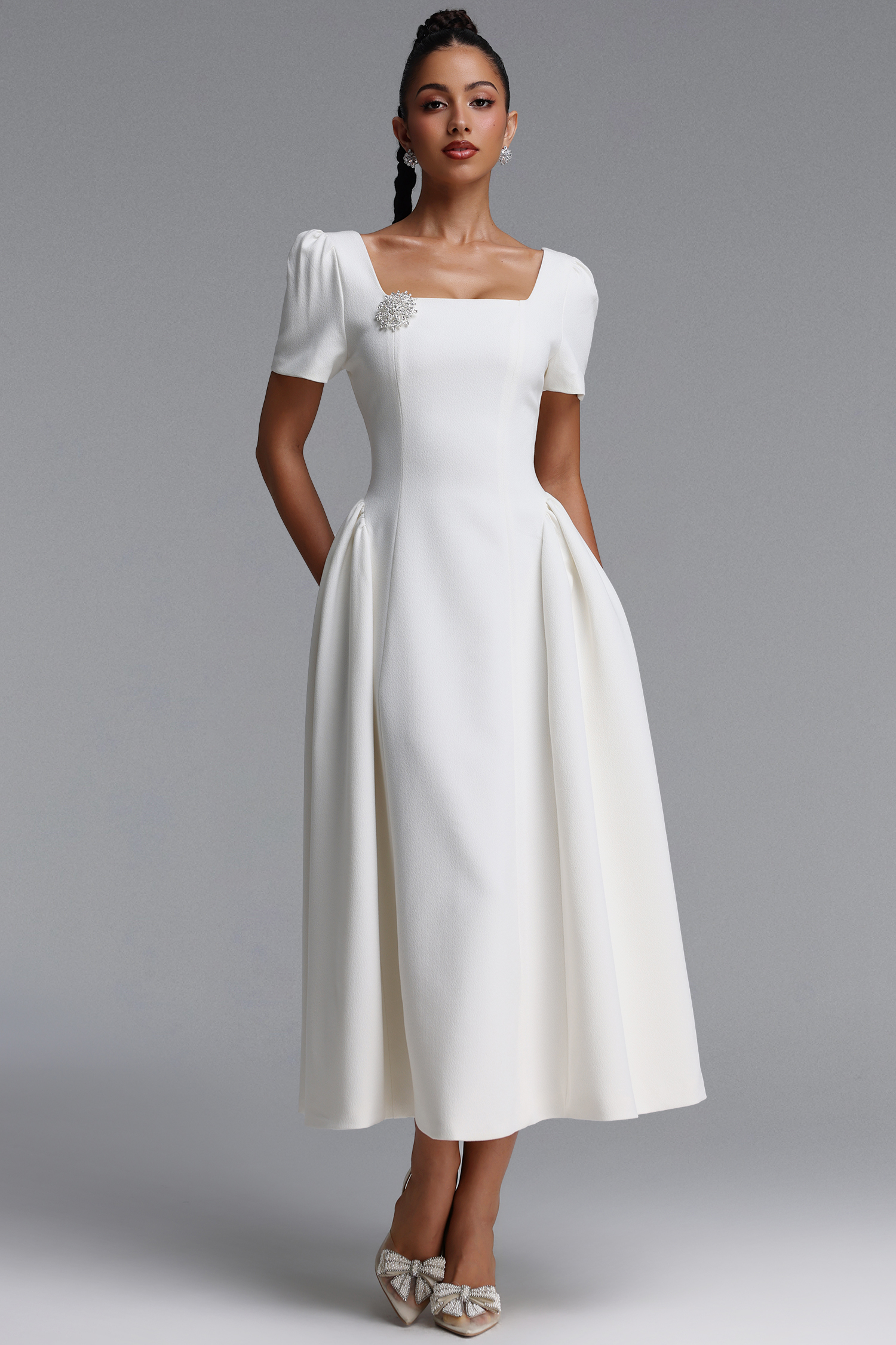 Verza Elegant Tailored Short Sleeve Rhinestone Woven White Maxi Dress