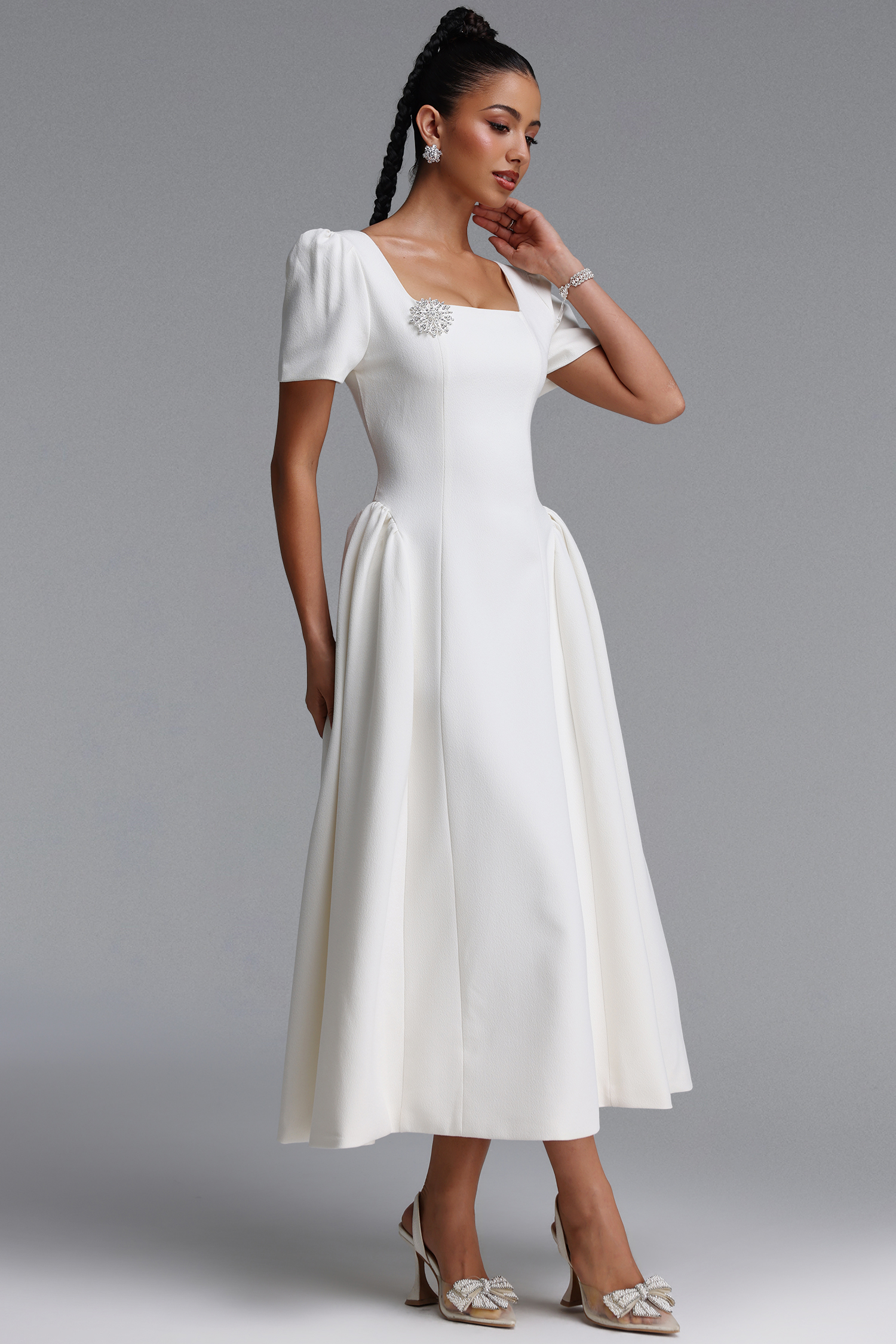 Verza Elegant Tailored Short Sleeve Rhinestone Woven White Maxi Dress