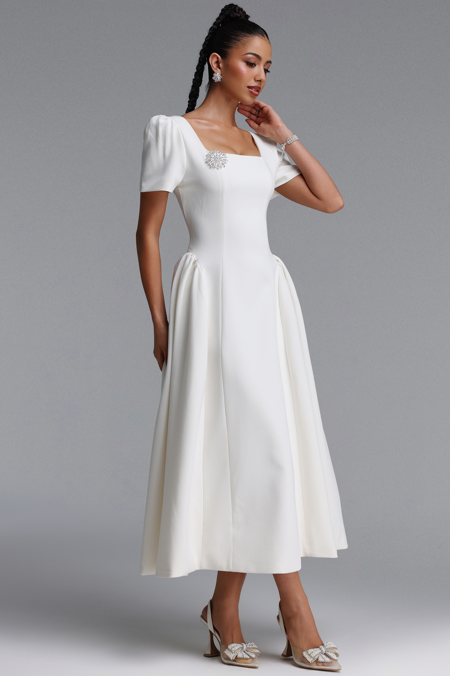Verza Elegant Tailored Short Sleeve Rhinestone Woven White Maxi Dress