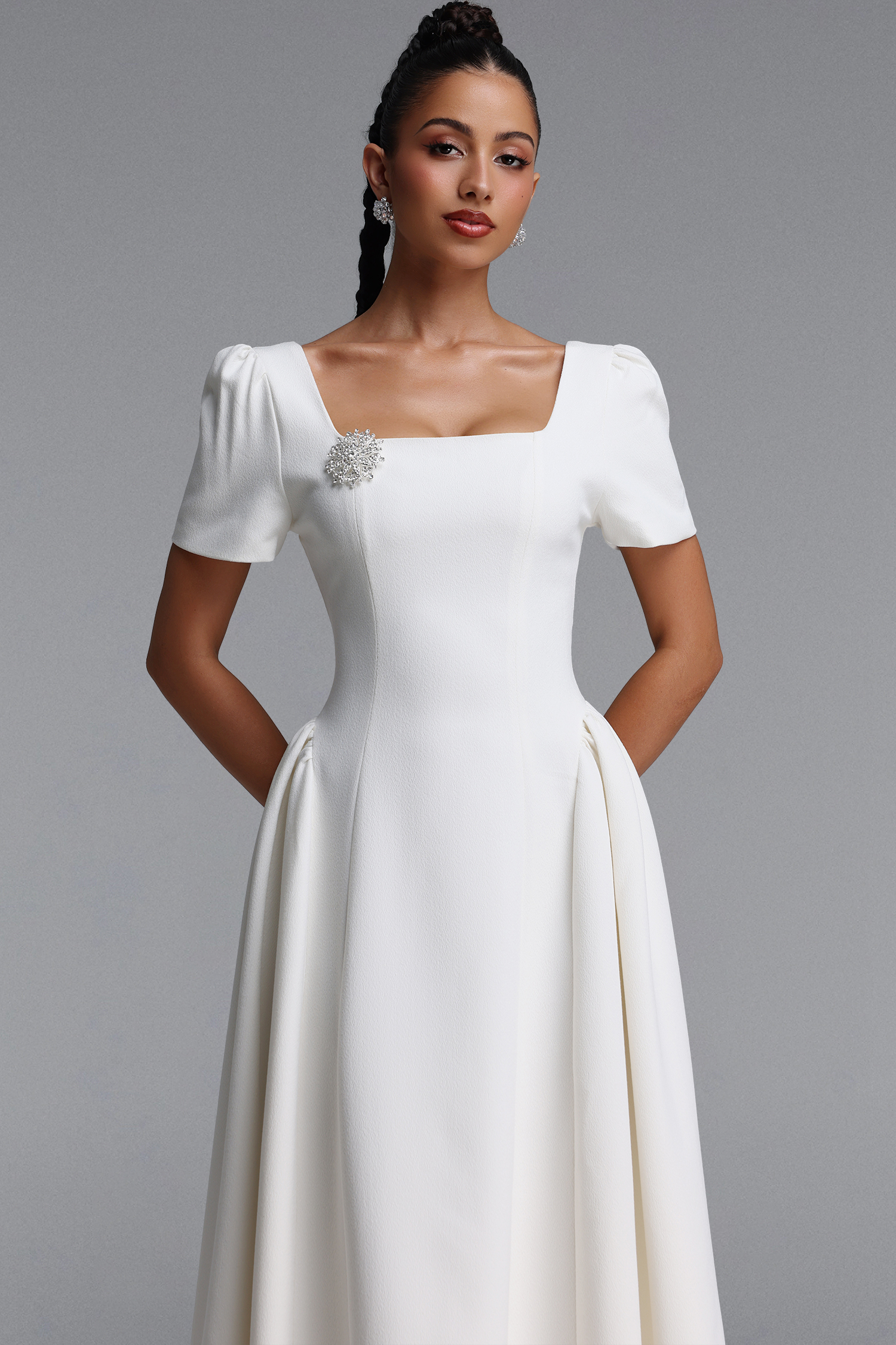 Verza Elegant Tailored Short Sleeve Rhinestone Woven White Maxi Dress