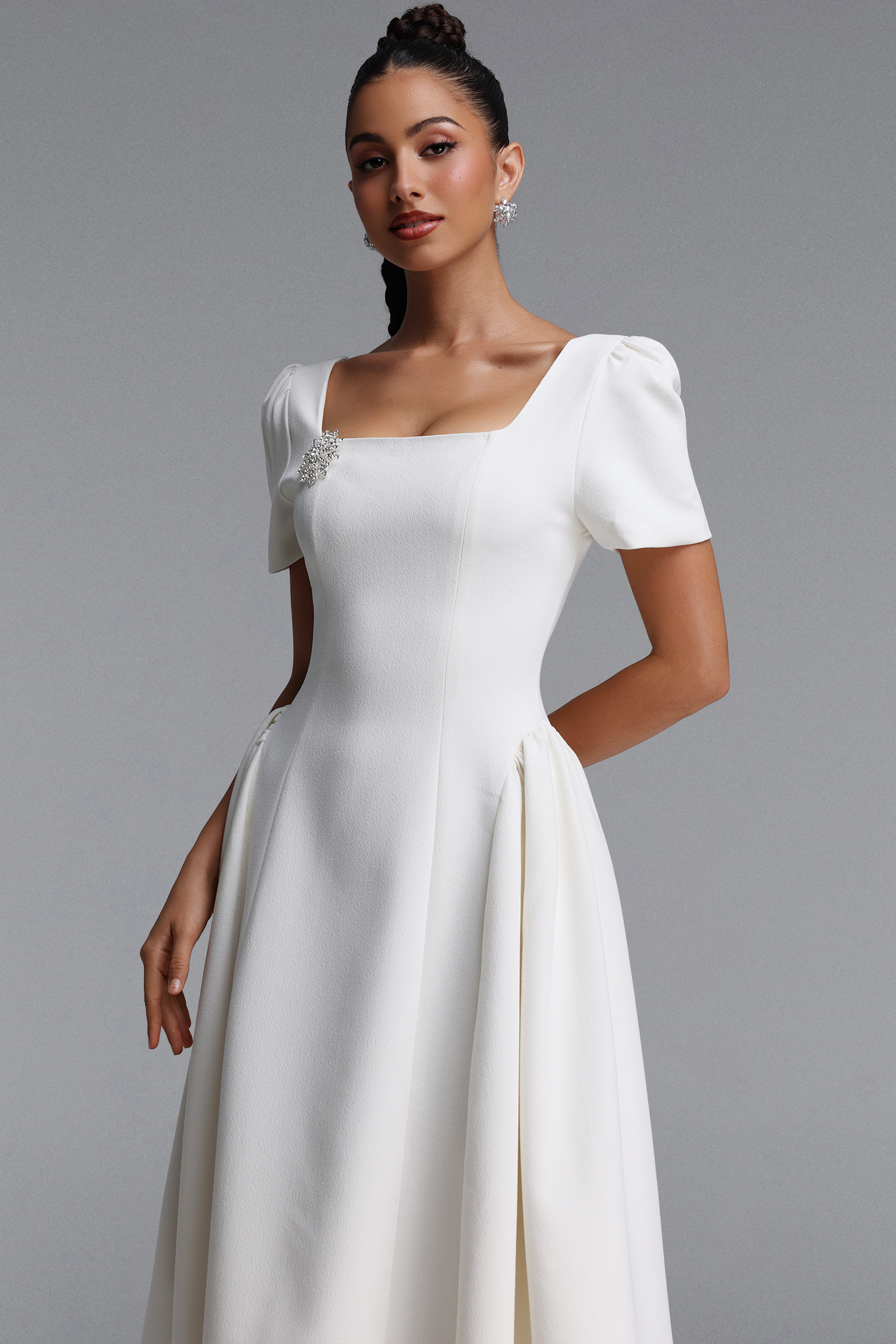 Verza Elegant Tailored Short Sleeve Rhinestone Woven White Maxi Dress