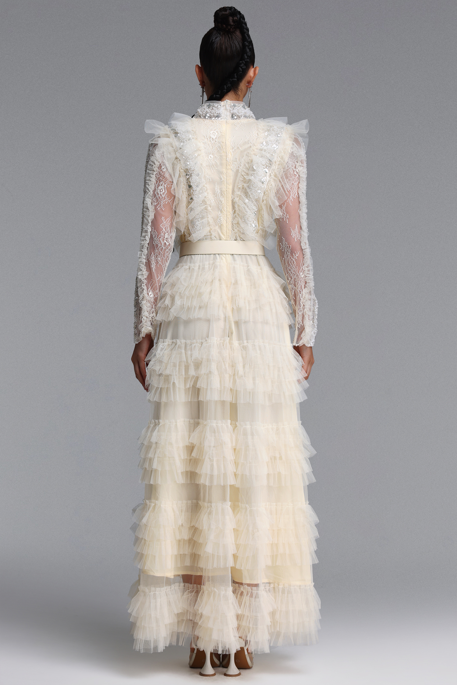 Farera Romantic Flowy Long Sleeve Sequin Floral Tiered Ruffle Tulle Maxi Dress