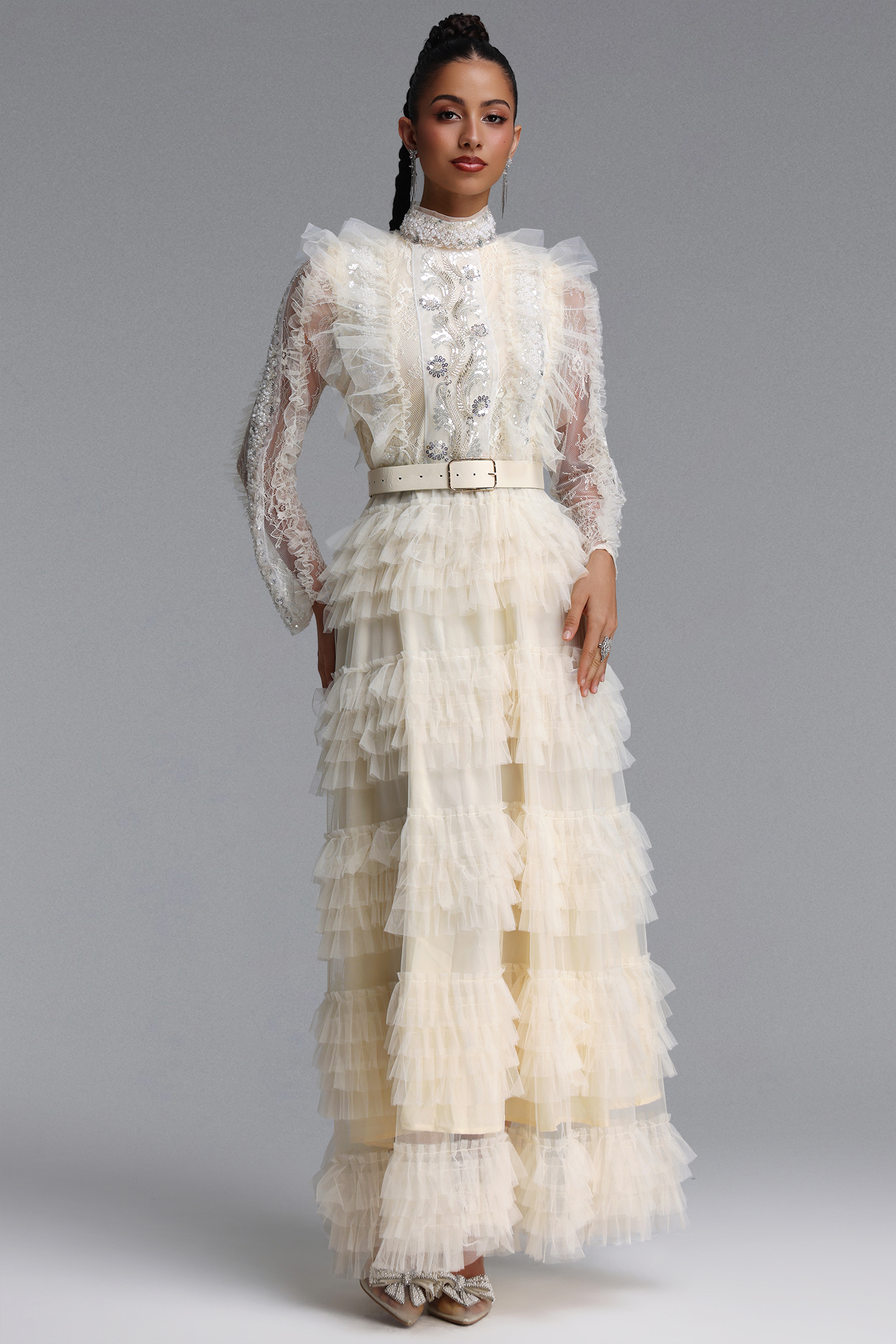 Farera Romantic Flowy Long Sleeve Sequin Floral Tiered Ruffle Tulle Maxi Dress
