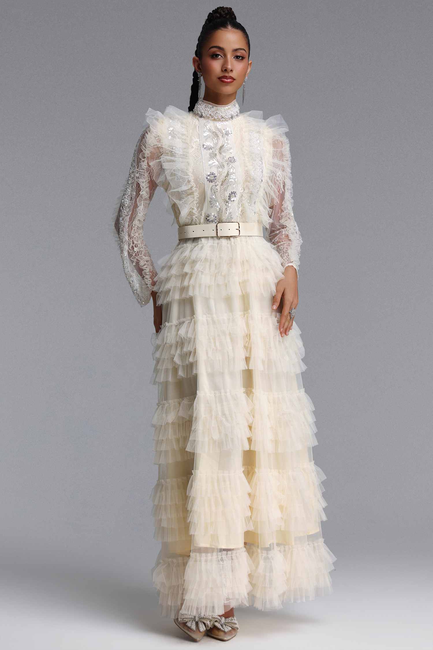 Farera Romantic Flowy Long Sleeve Sequin Floral Tiered Ruffle Tulle Maxi Dress