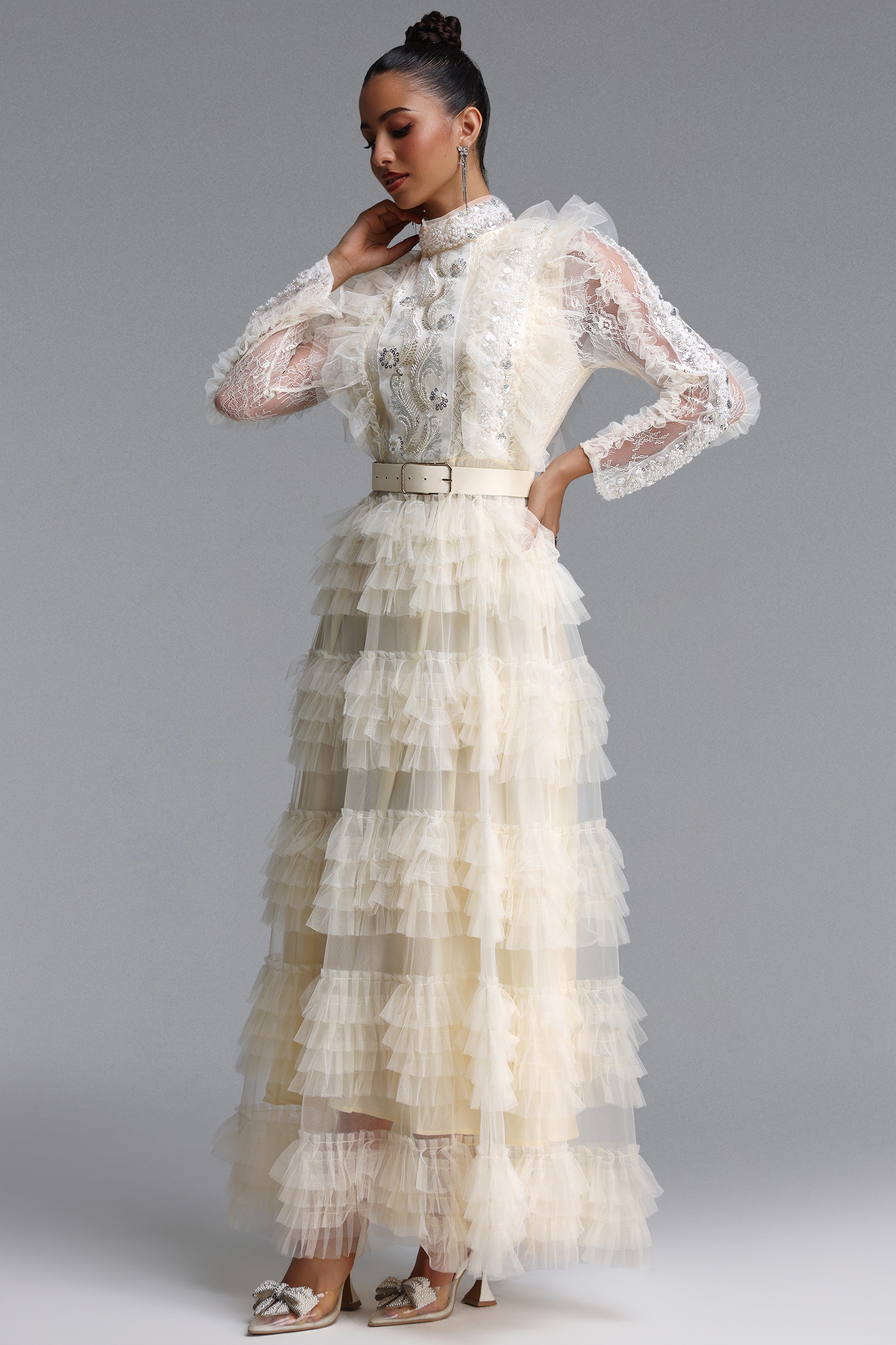 Farera Romantic Flowy Long Sleeve Sequin Floral Tiered Ruffle Tulle Maxi Dress
