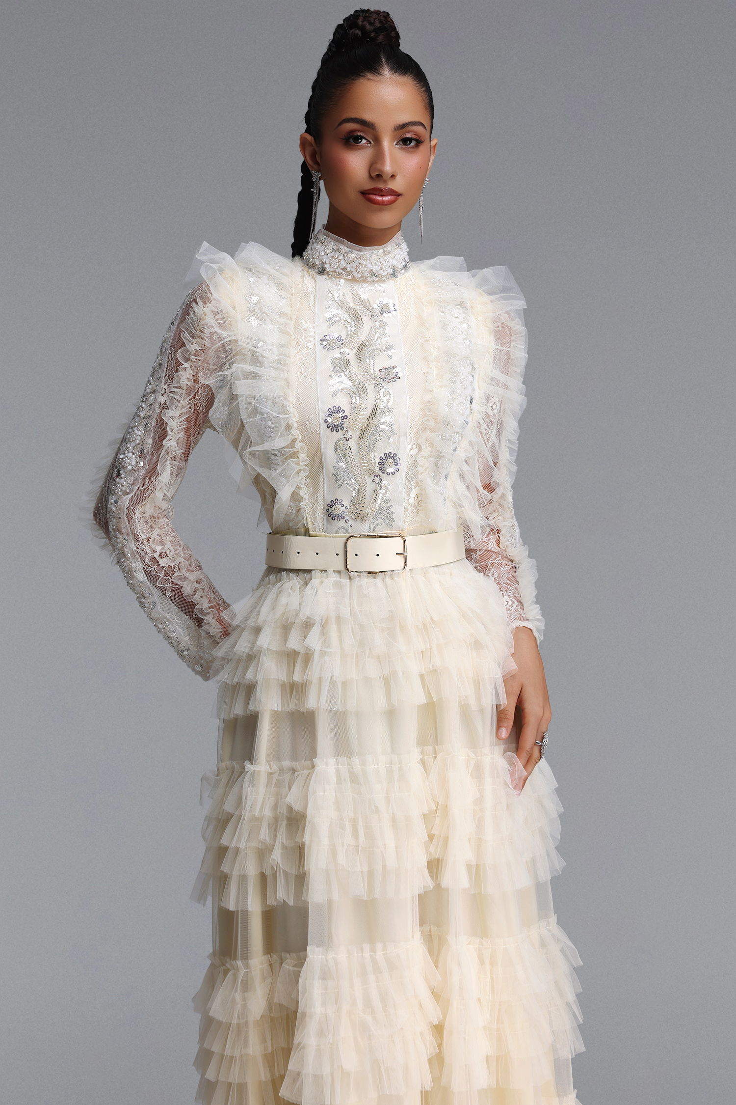 Farera Romantic Flowy Long Sleeve Sequin Floral Tiered Ruffle Tulle Maxi Dress