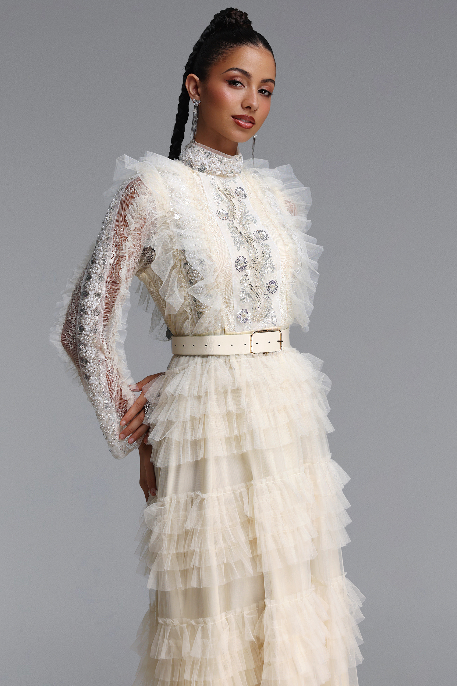 Farera Romantic Flowy Long Sleeve Sequin Floral Tiered Ruffle Tulle Maxi Dress