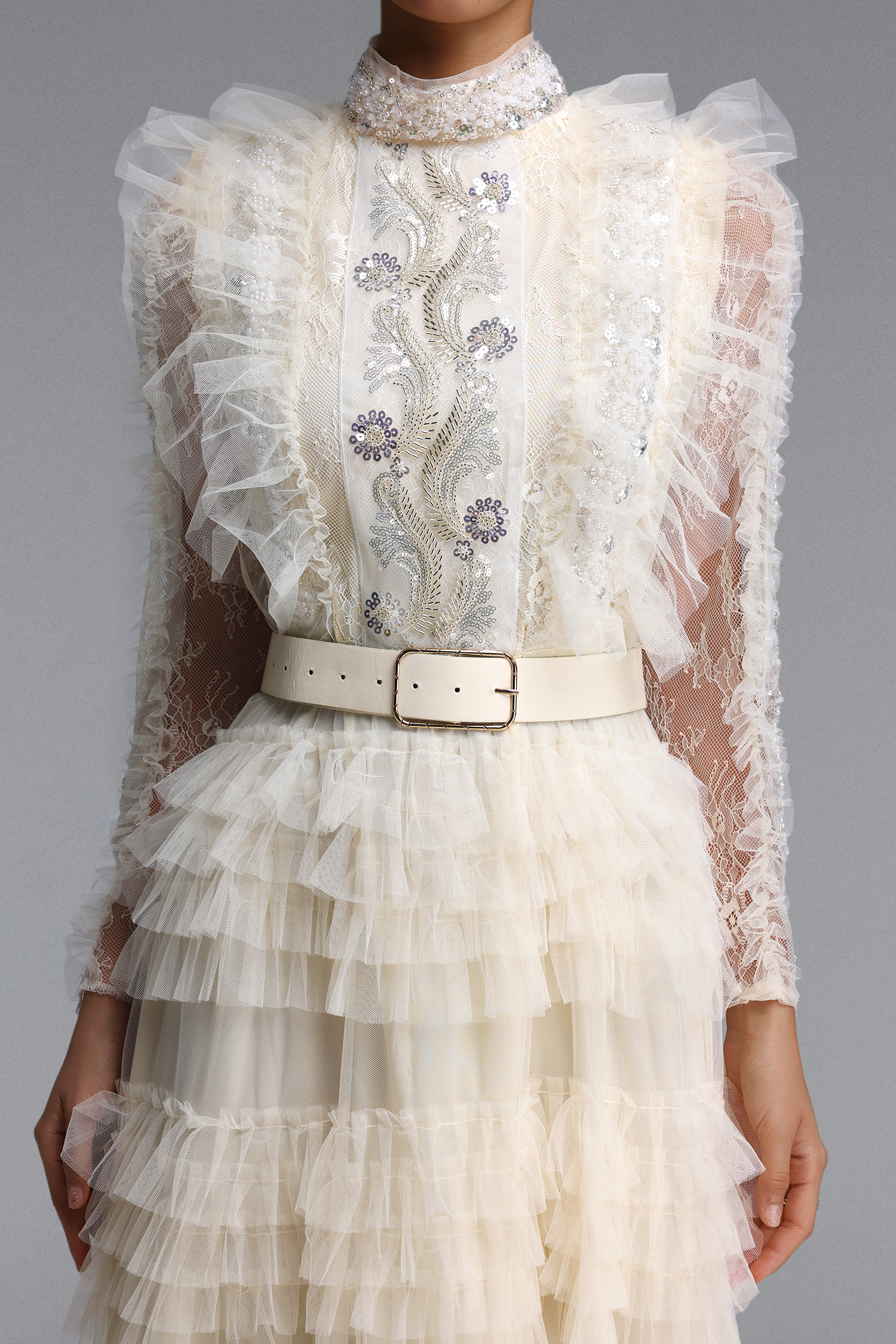 Farera Romantic Flowy Long Sleeve Sequin Floral Tiered Ruffle Tulle Maxi Dress