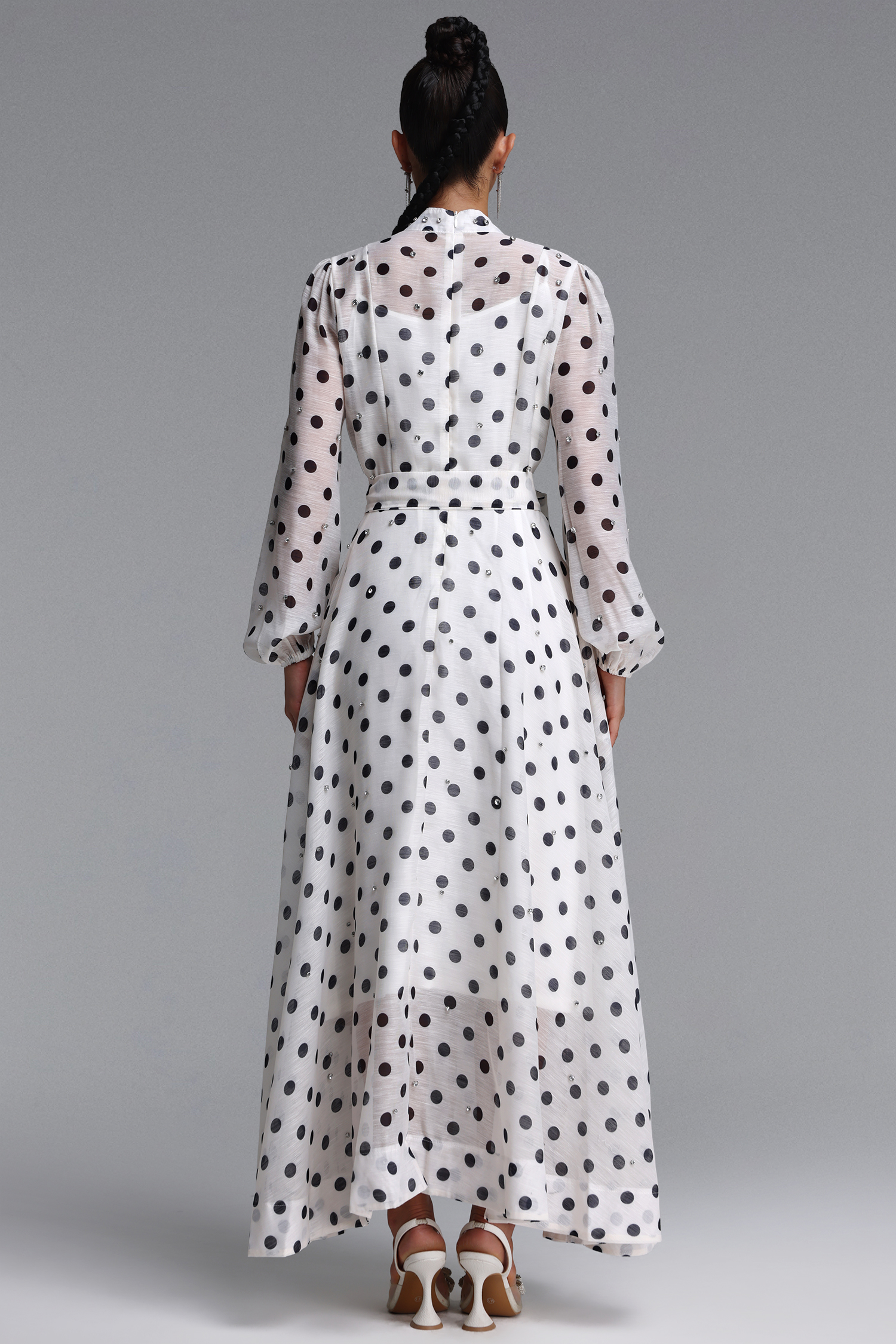 Striped Romantic Flowy Long Sleeve Rhinestone Polka Dot Woven Maxi Dress