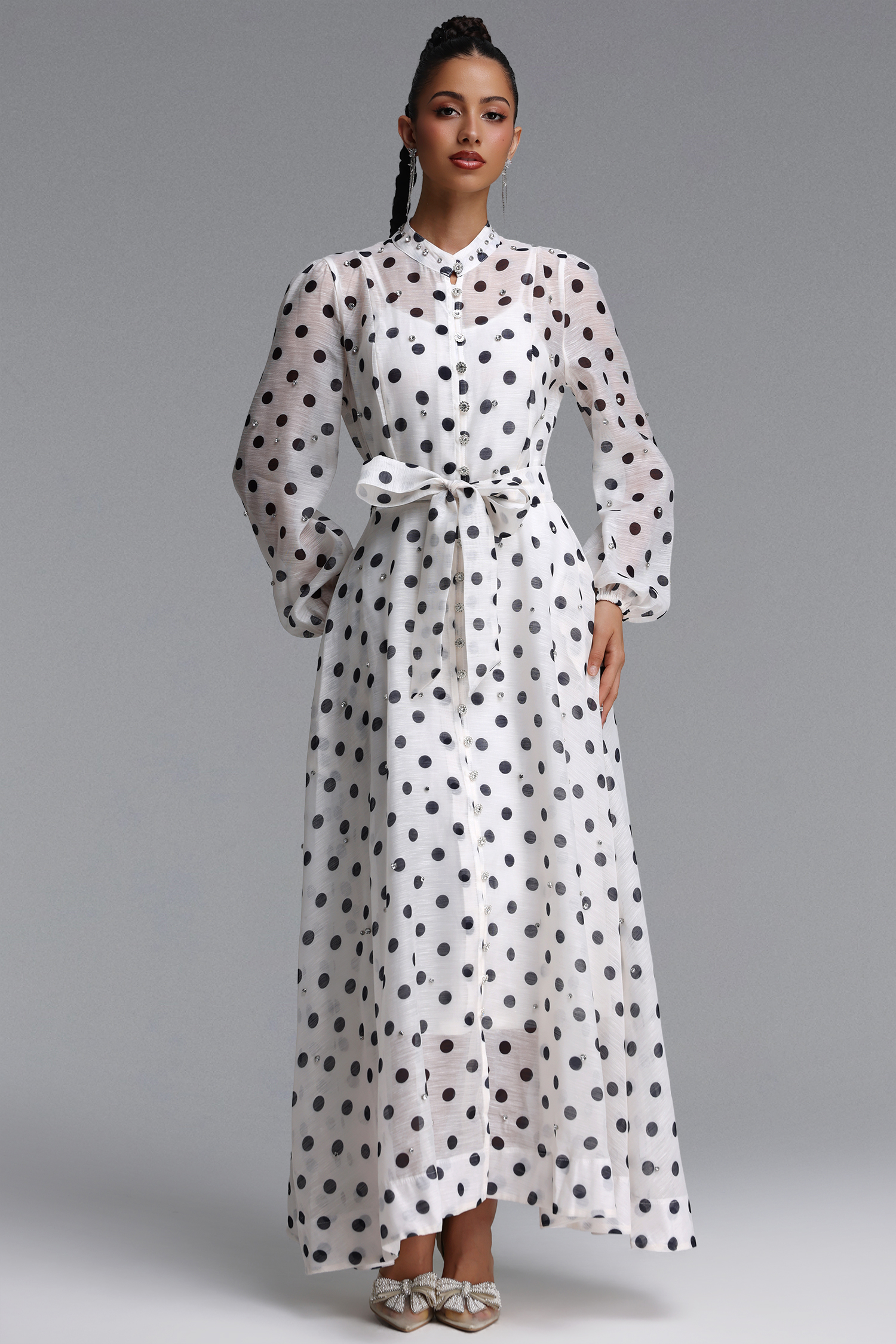 Striped Romantic Flowy Long Sleeve Rhinestone Polka Dot Woven Maxi Dress