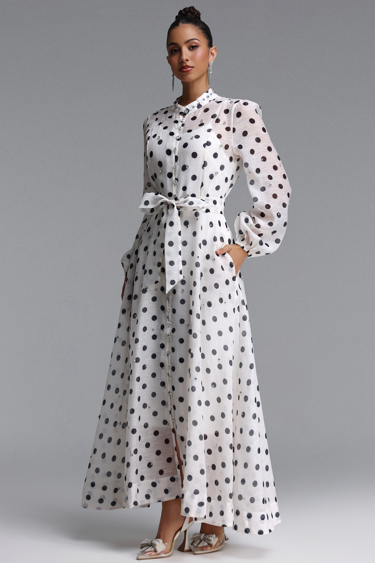 Striped Romantic Flowy Long Sleeve Rhinestone Polka Dot Woven Maxi Dress