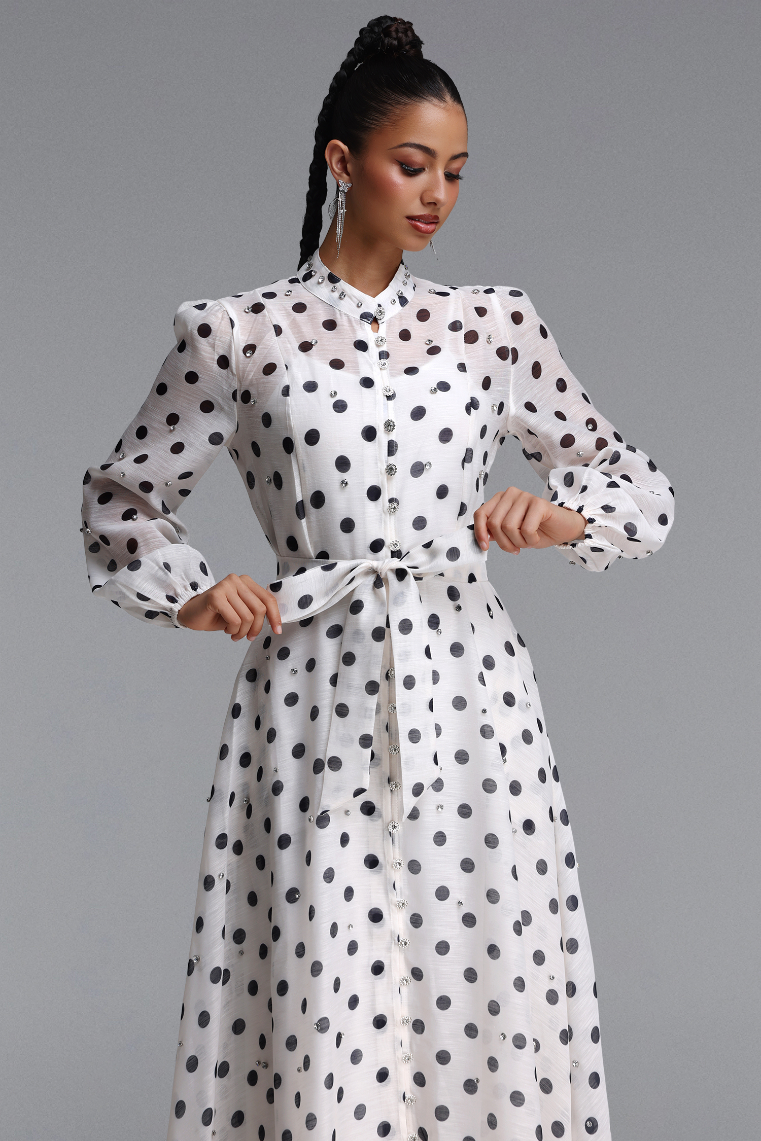 Striped Romantic Flowy Long Sleeve Rhinestone Polka Dot Woven Maxi Dress