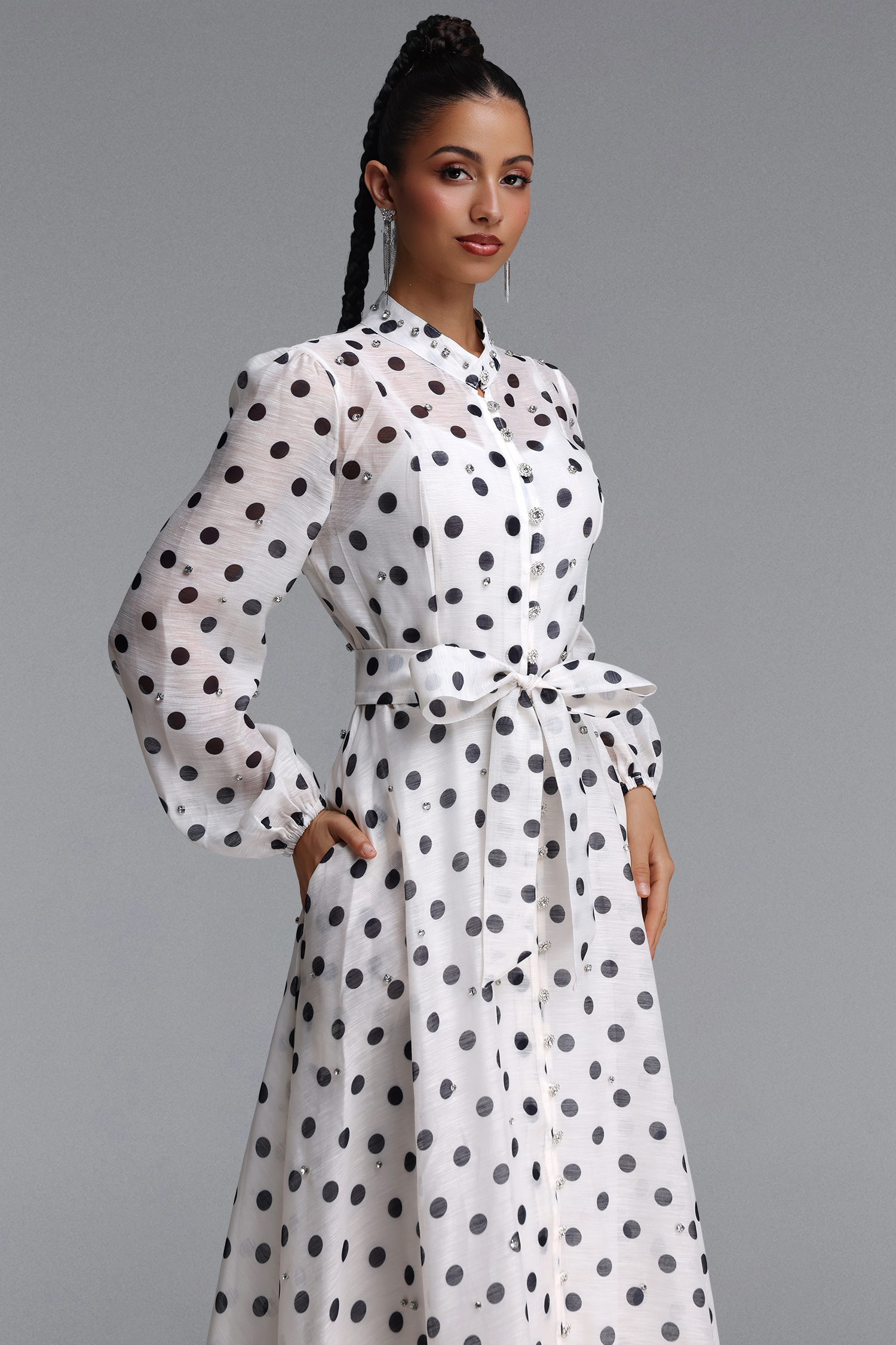 Striped Romantic Flowy Long Sleeve Rhinestone Polka Dot Woven Maxi Dress