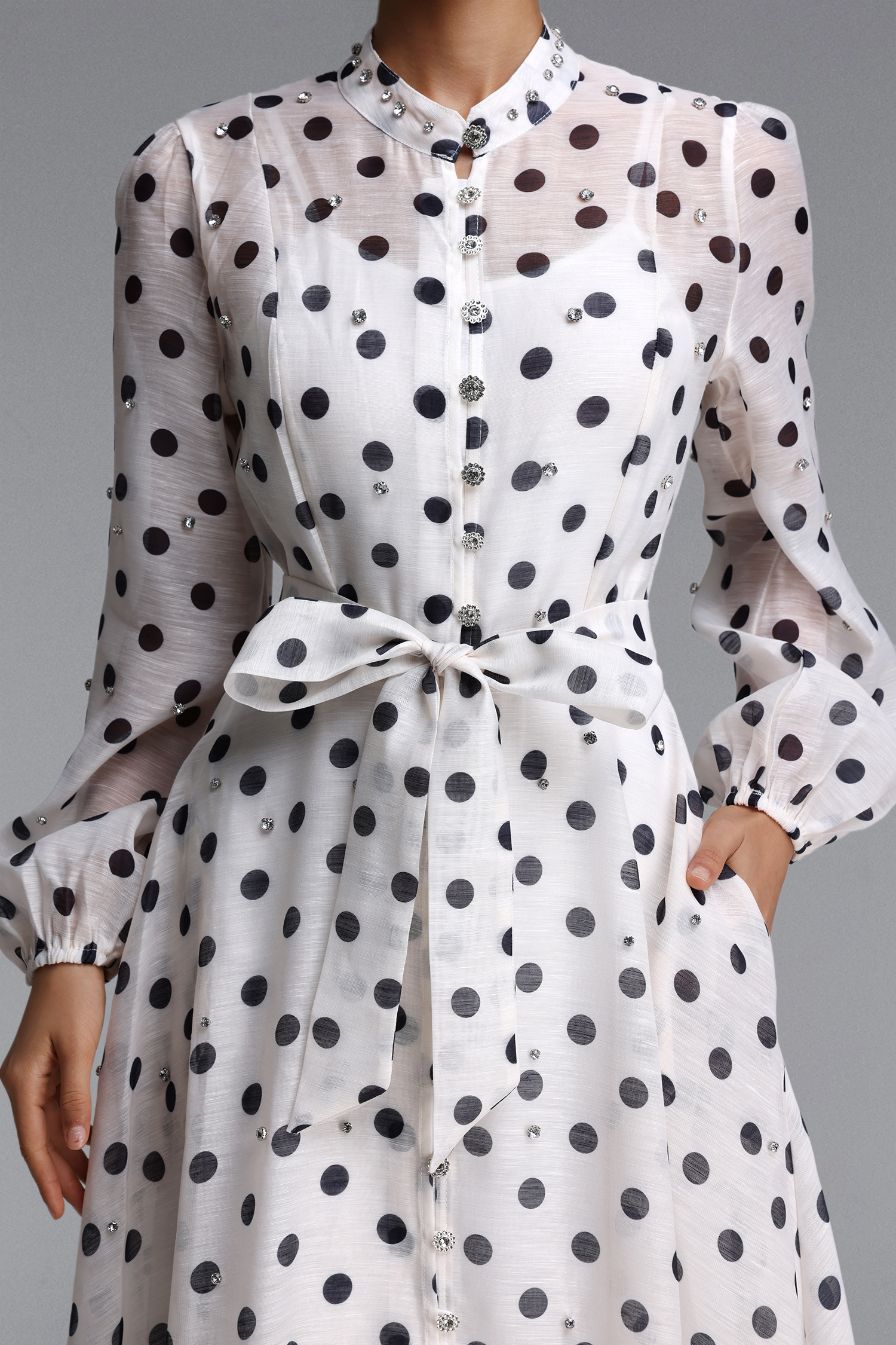 Striped Romantic Flowy Long Sleeve Rhinestone Polka Dot Woven Maxi Dress