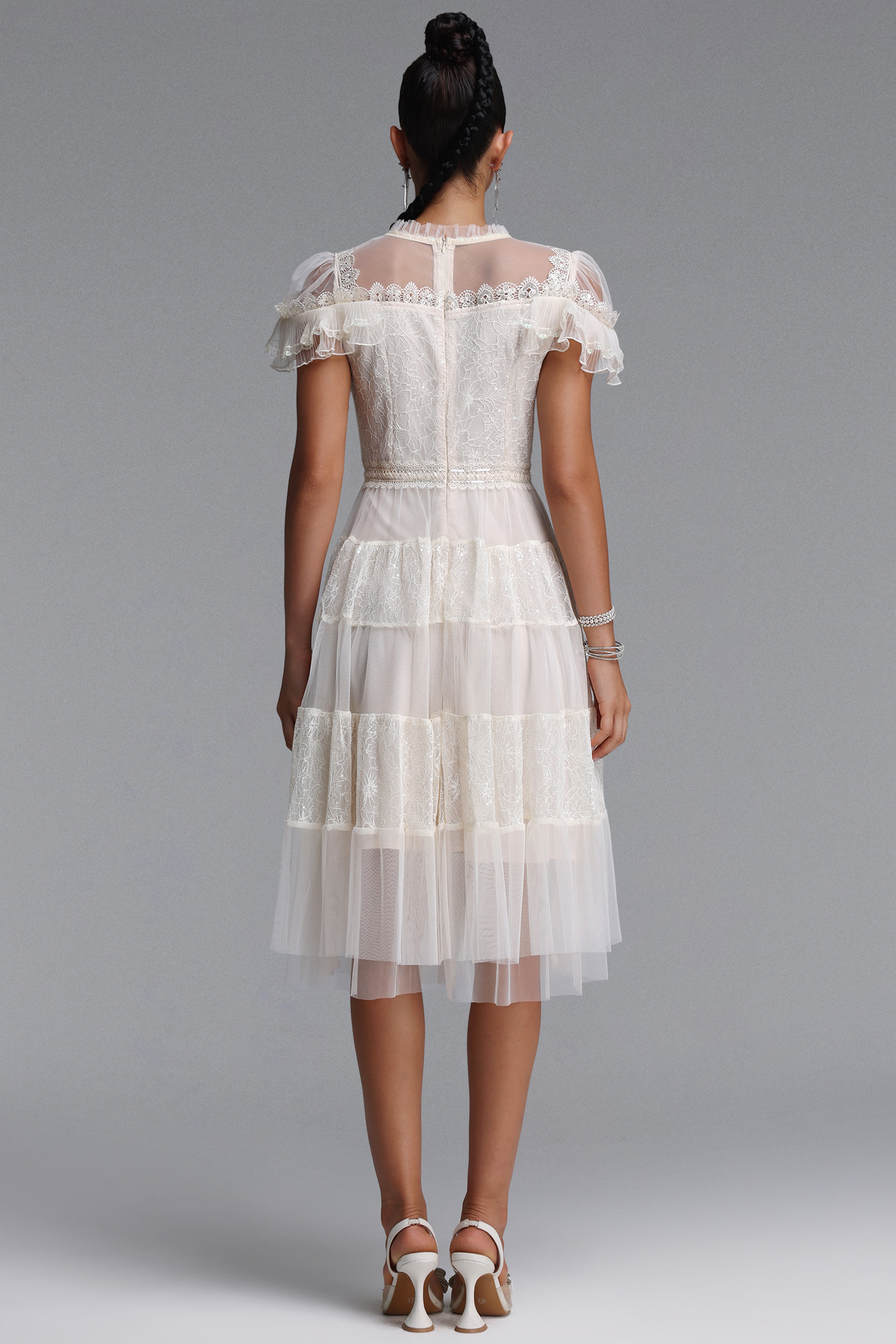 Emmi Elegant Flowy Floral Lace Ruffle Tulle Midi Dress