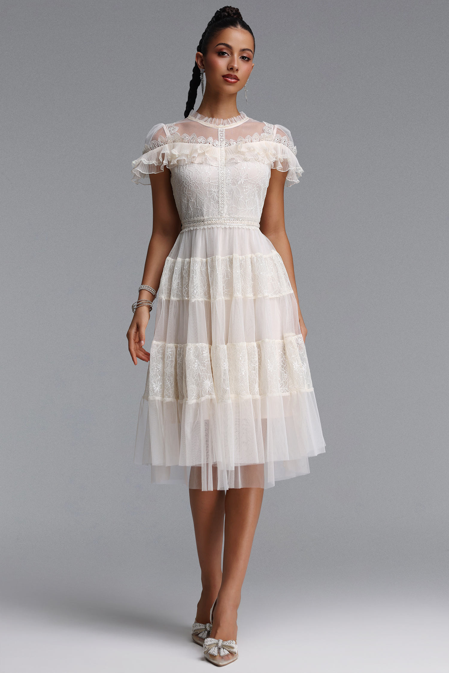 Emmi Elegant Flowy Floral Lace Ruffle Tulle Midi Dress