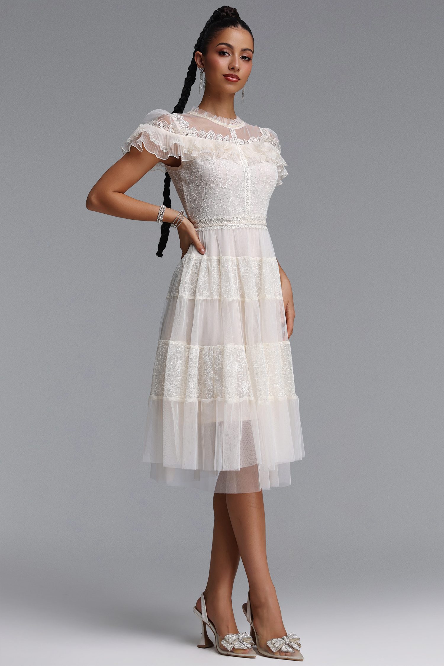 Emmi Elegant Flowy Floral Lace Ruffle Tulle Midi Dress