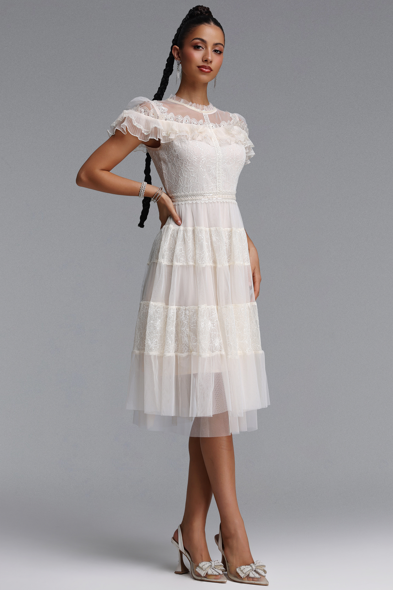 Emmi Elegant Flowy Floral Lace Ruffle Tulle Midi Dress