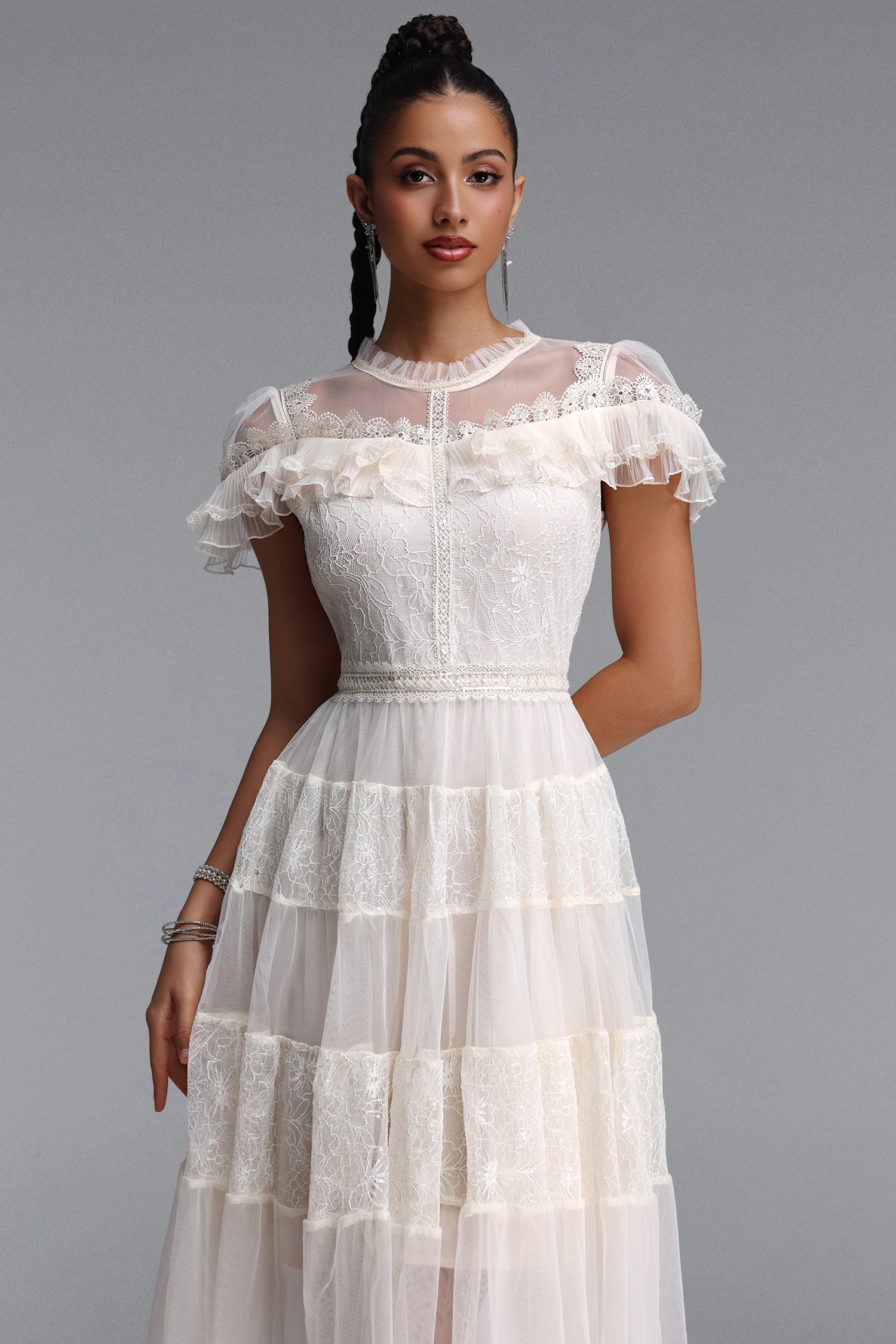 Emmi Elegant Flowy Floral Lace Ruffle Tulle Midi Dress