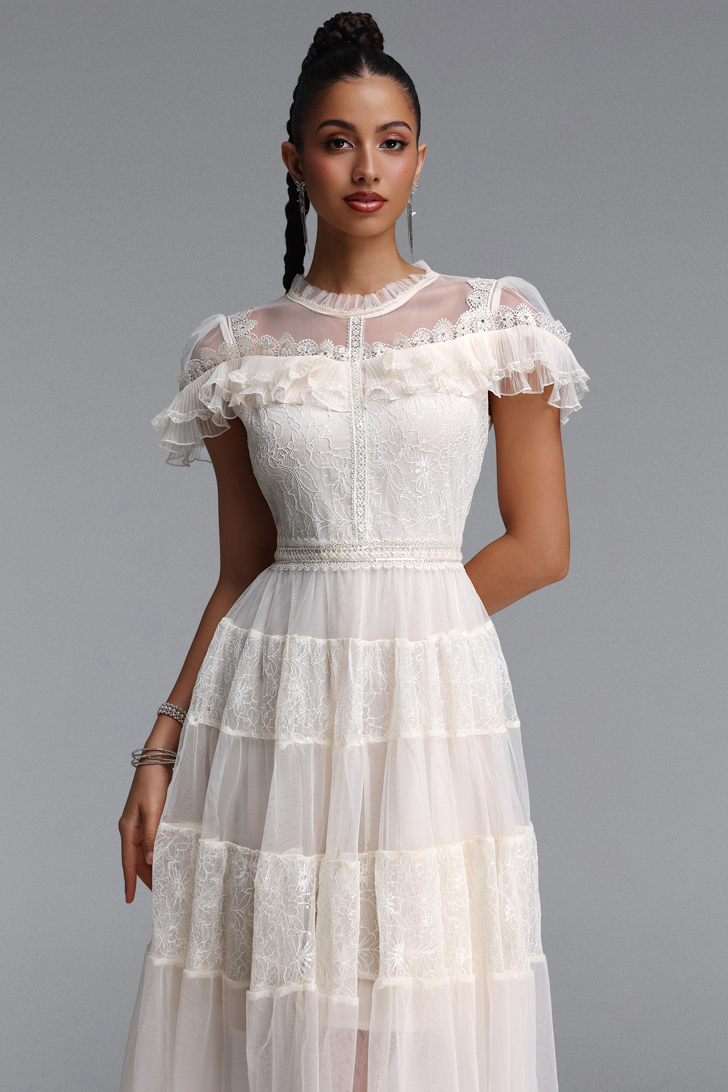 Emmi Elegant Flowy Floral Lace Ruffle Tulle Midi Dress