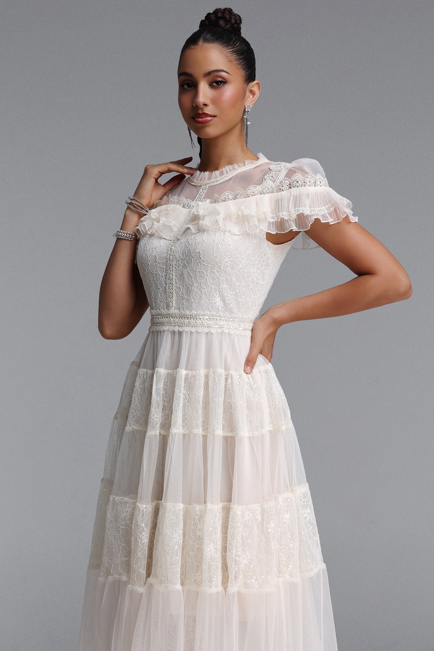 Emmi Elegant Flowy Floral Lace Ruffle Tulle Midi Dress