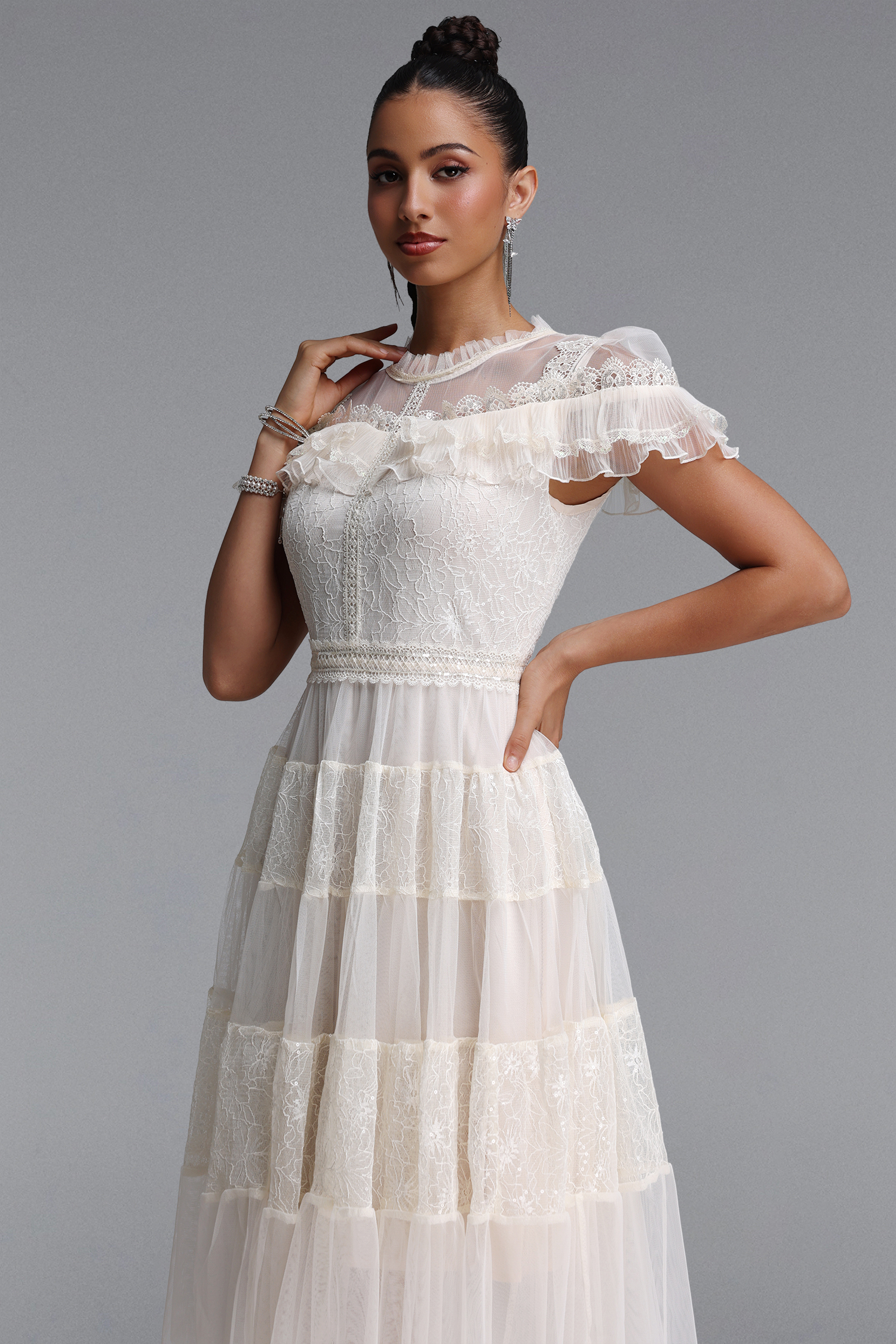 Emmi Elegant Flowy Floral Lace Ruffle Tulle Midi Dress