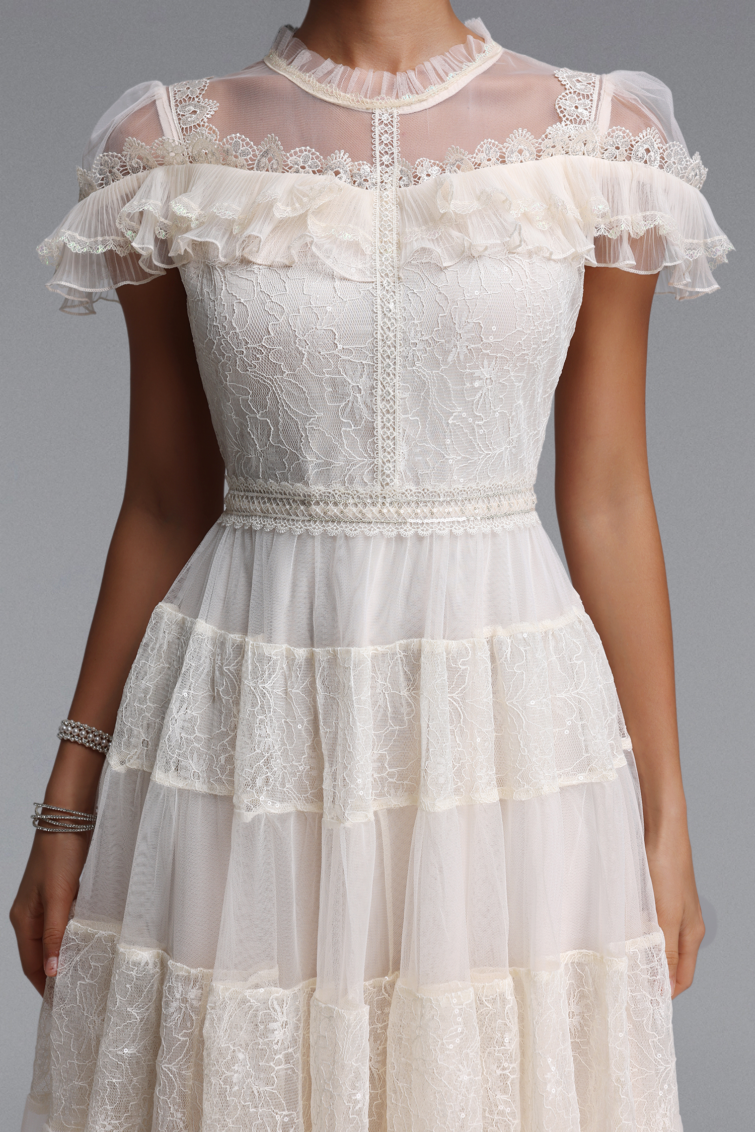 Emmi Elegant Flowy Floral Lace Ruffle Tulle Midi Dress