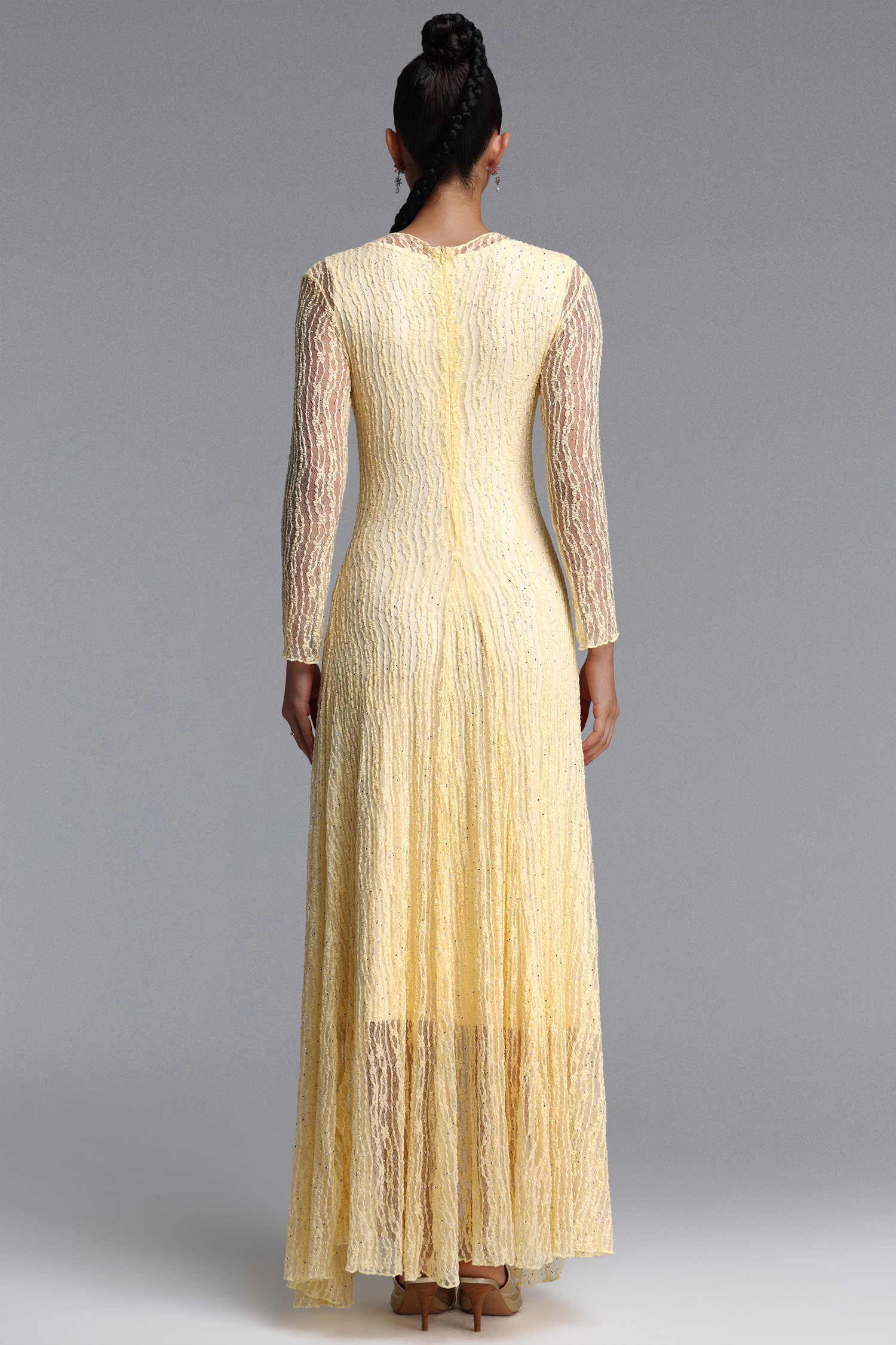 Taylor Elegant Contour Long Sleeve Diamond Draped Lace Apricot Maxi Dress